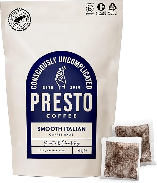 Presto Coffee Bags Smooth Italian Ground Coffee X 25 Bags Medium Roast Chocolate & Almond Notes Rainforest Alliance Certified Arabica Fully Recyclable Packaging