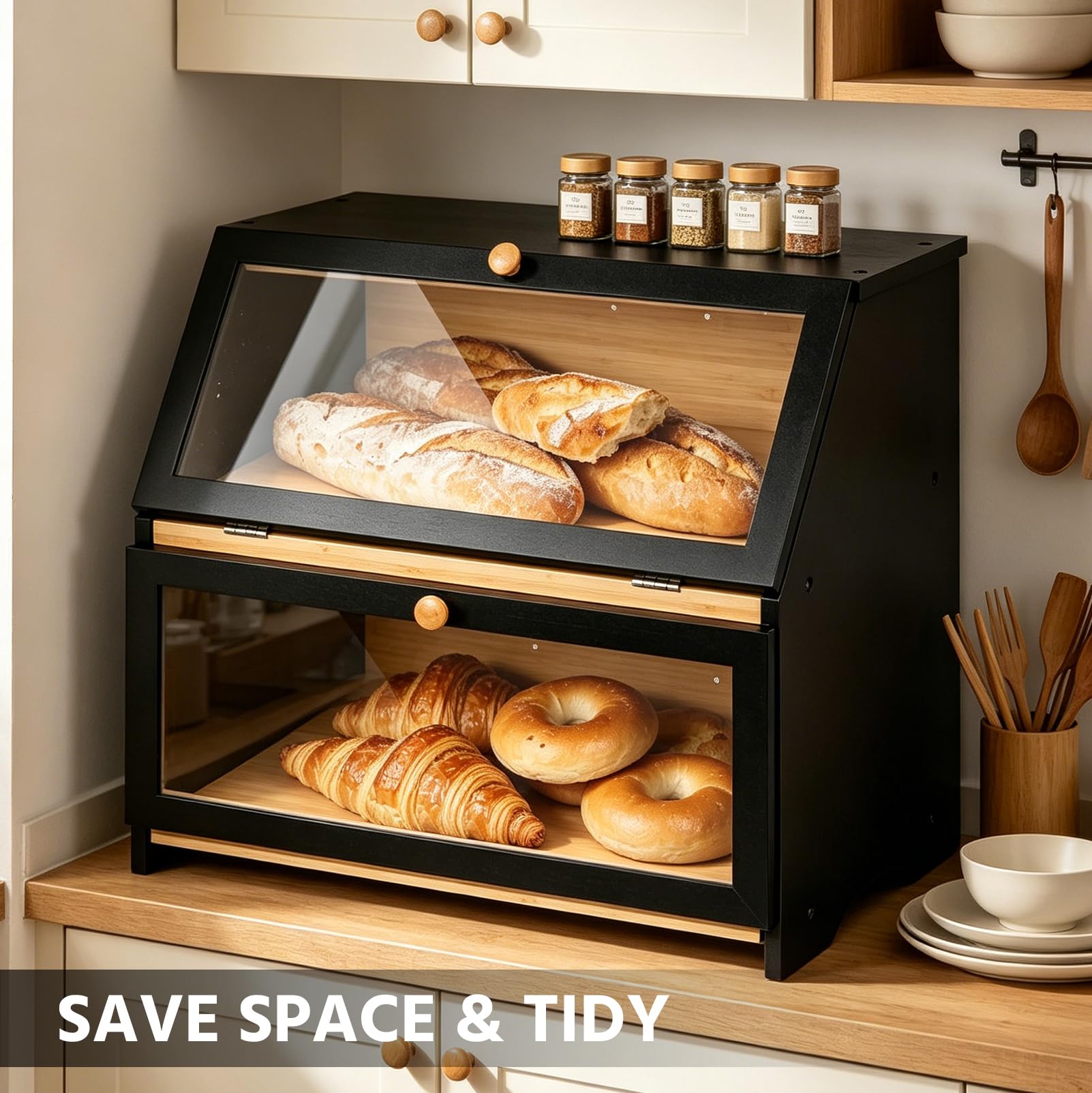 Panera de Bambú de 2 Niveles con Ventana Visible, Caja Grande para Almacenar pan y Tostadas, Botellas de Verduras y Especias del Gabinete de Pan, 39 x 25 x 32 cm (largo x ancho x alto), Negra