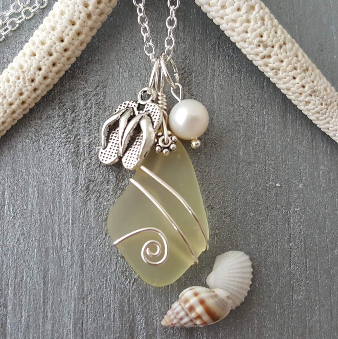 yinahawaiiYinahawaii Handmade Sea Glass Necklace, Hawaiian Jewelry For Women, Wire Yellow Necklace, Island Lifestype Flip-Flop Pearl Necklace,Birthday Gift For Women (November Birthstone) (Non-Personalized)