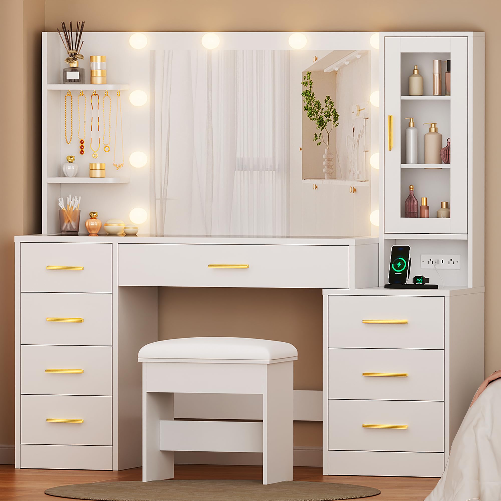 BEWISHOME Grande Toeletta Trucco con Luci e Specchio, Illuminazione a LED Regolabile, Toeletta Trucco con Piano in Vetro, Moderna Trucco con 8 Cassetti, Prese, per la Camera da Letto, Bianco EFST67W