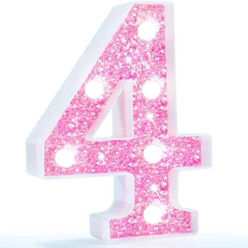 Miniatura 76 de Pooqla - Luz de números con iluminación LED rosa, funciona con pilas, con brillantina, para decoración de fiestas de cumpleaños y hogar Blanco cálido