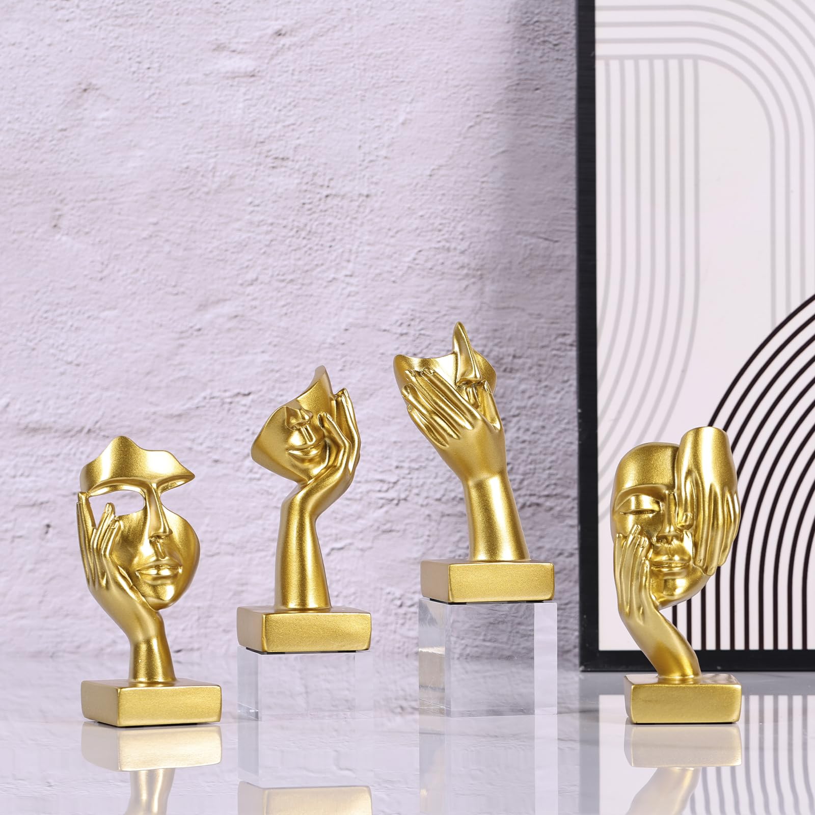 Set di 4 statuette dorate astratte, scultura moderna design per soggiorno, oggetti decorativi per casa, decorazioni libreria, statuette per scaffale, scrivania e tavolino (Oro)