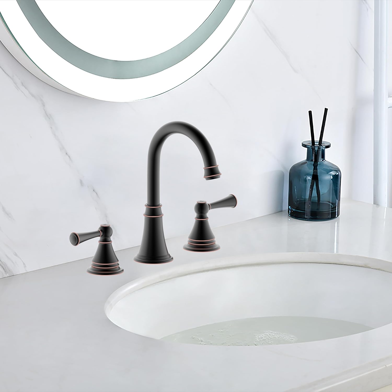 8" Widespread Lavatory Faucet Two Handle Bathroom Sink Faucets with Push up Pop-up Drain,Oil Rubbed Bronze Finish DWF-1392-ORB