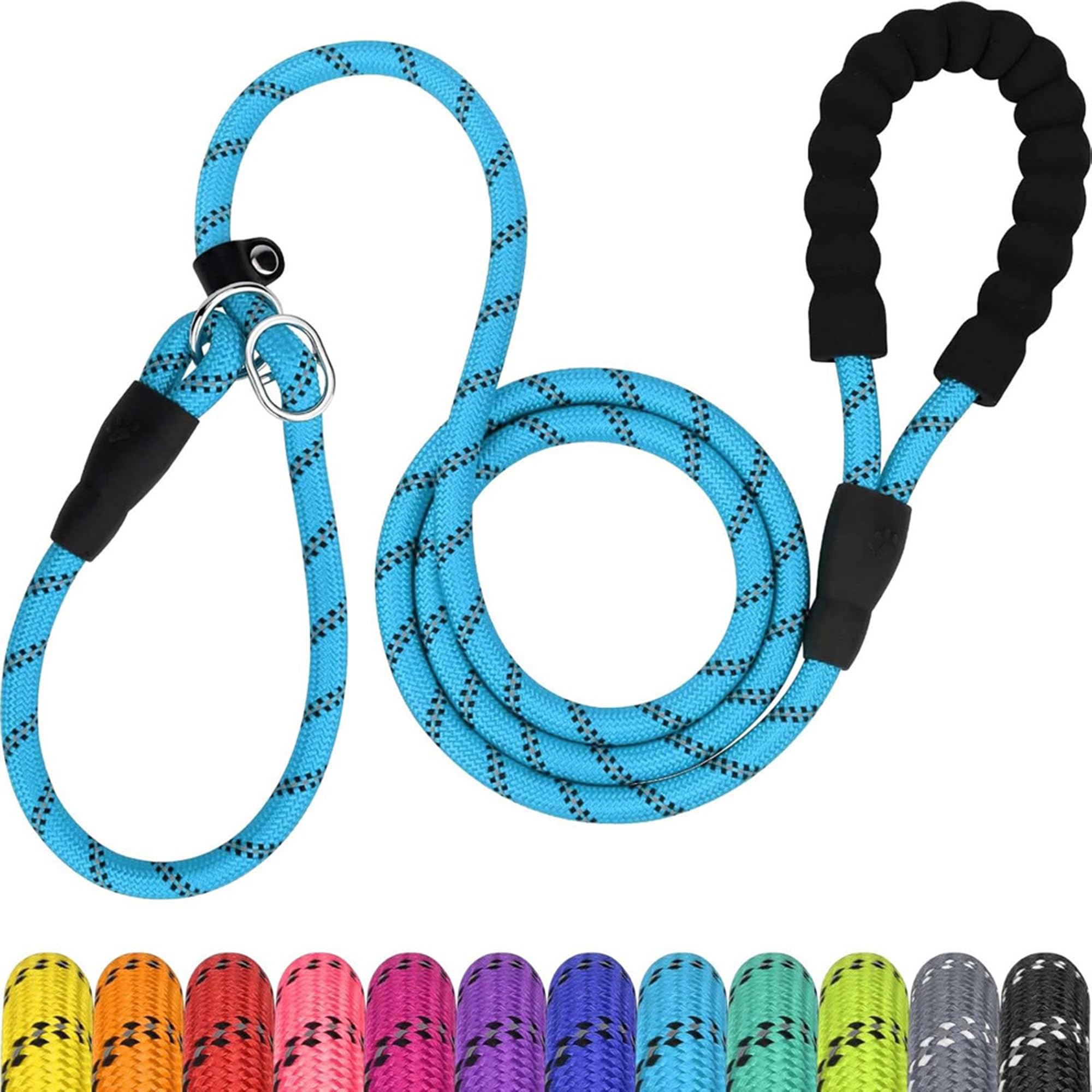 Slip Dog Lead, 2-Meter Reflective Slip Lead with Padded Handle, Training Slip Lead for Small, Medium & Large Dogs | Enhanced Night Safety & Comfort (Light Blue)