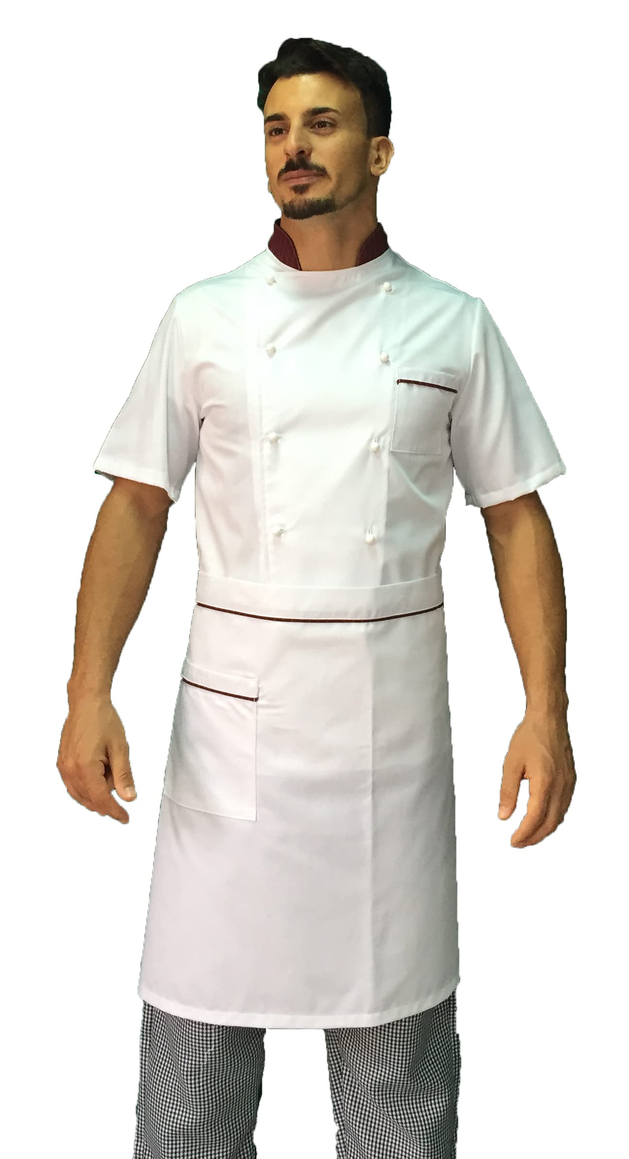 Bordado gratis - Conjunto de cocinero para hombre - Blanco/Burdeos y Pied de Poule - Uniforme Chef de manga corta - Chaqueta, pantalones y delantal - Algodón - Uniforme para cocina y