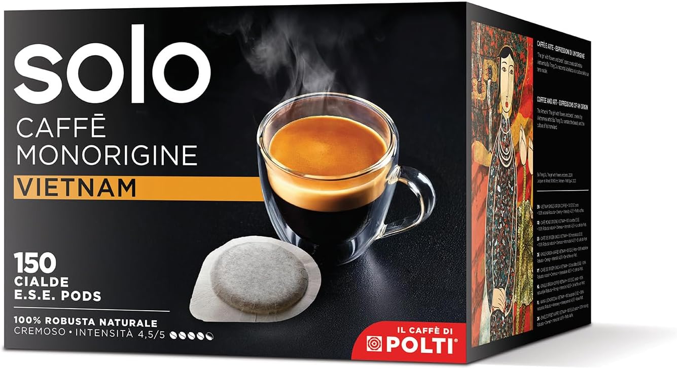 SOLO - Caffè Monorigine Vietnam, Cialde E.S.E. 44 mm, 150 Cialde Monodose, 100% Robusta Naturale, Compostabili
