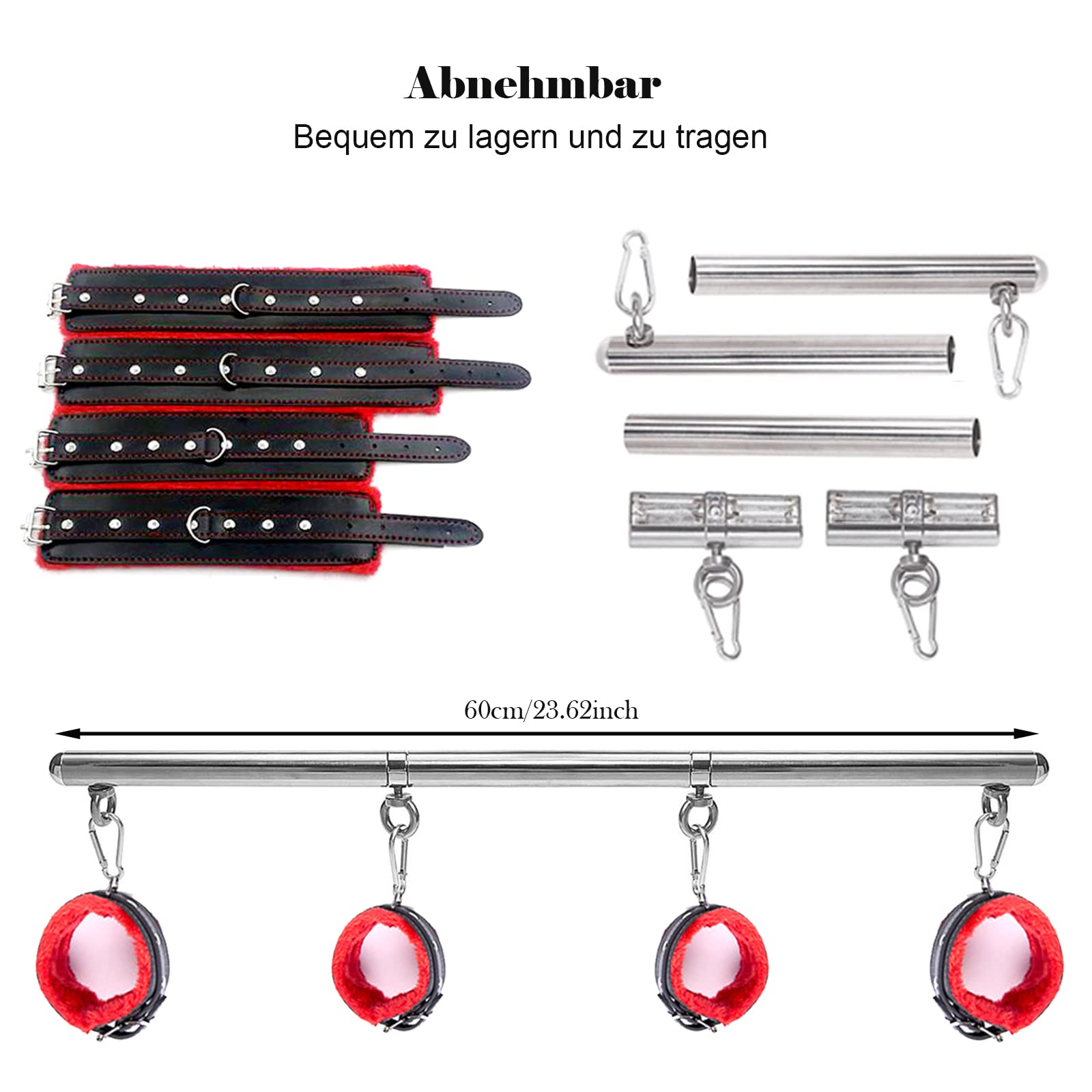 60CM ensemble de bondage barre d'expansion BDSM sex toy, barres de retenue de bondage en acier inoxydable avec menottes à la cheville, système de retenue de jambe à posture forcée