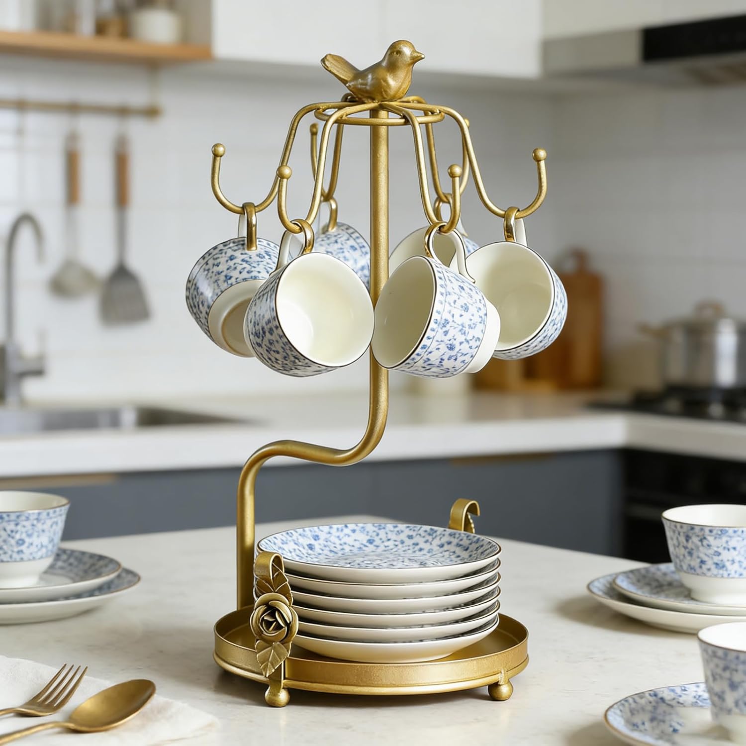 Coffee Mug Tree, Coffee Cup Holder for Countertop with 6 Hooks, Tea Cup Holder with Small Storage Area Metal Mug Rack Display for Counter Top Kitchen Organizer,Gold