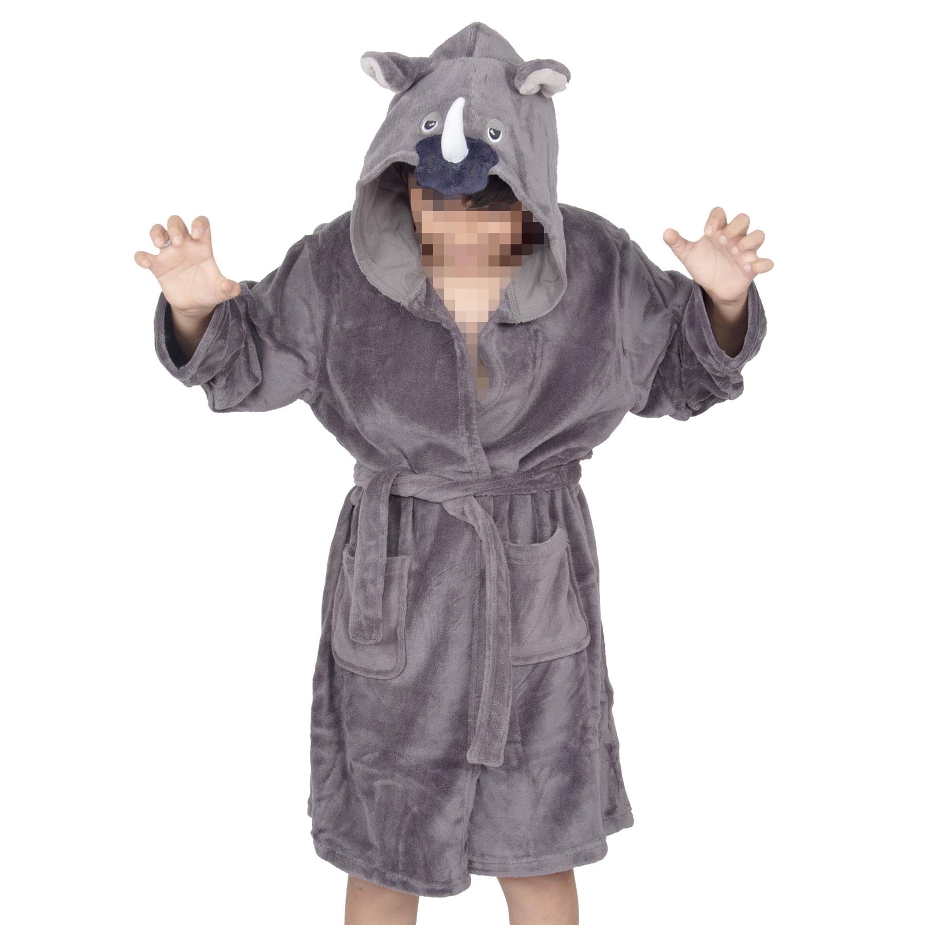 A2Z 4 Kids Accappatoi per ragazze e ragazzi alla moda con viso di rinoceronte, in morbido pile felpato, camicia da notte per bambini, con cappuccio, accappatoio con cappuccio, unisex, 3-14 anni
