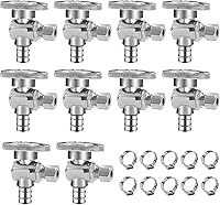 Vista 25 de WiseWater Válvula de tope angular de empuje para conectar 1/2" empuje x 3/8" compresión, 1/4 de vuelta para apagado rápido, latón cromado con clip