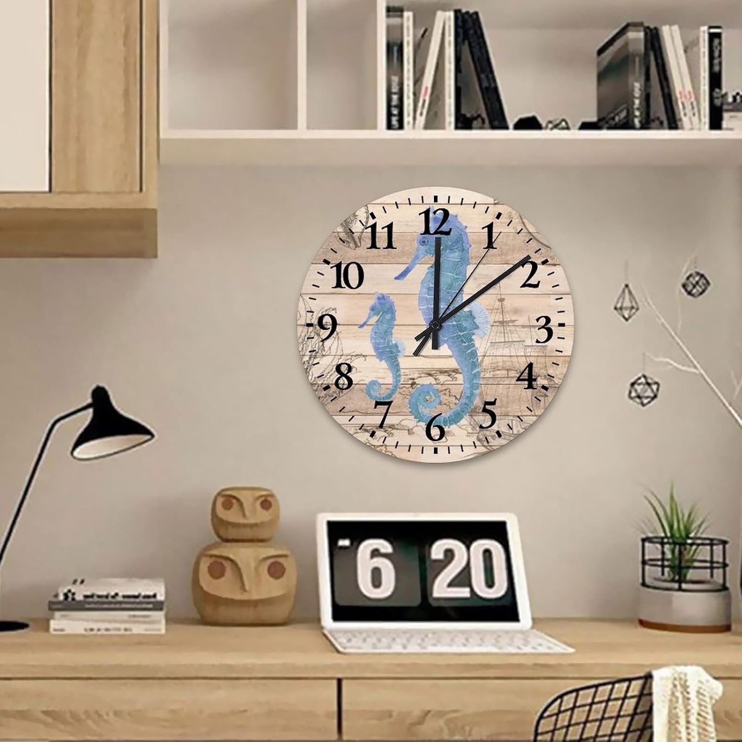 15 Inch Ocean Animal Sea Horse Wooden Clocks Silent Non-Ticking Coastal Decoration for Bedroom Kitchen Clocks Wall Arabic Numeral Round Clock for Home Office School