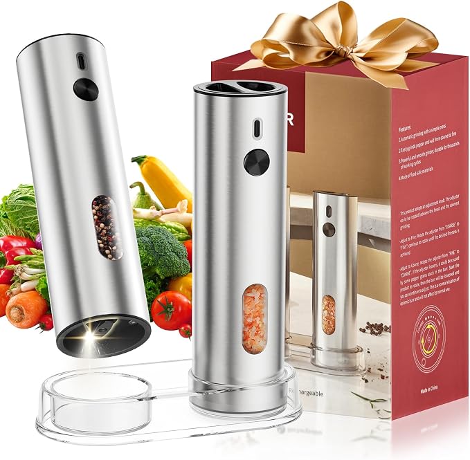 Electric Salt and Pepper Grinder Set Automatic Pepper Grinder Mill Stainless Steel with Base Upgraded Large Capacity, Rechargeable Powered Salt Shakers, LED Light & Adjustable Coarseness,Kitchen Gift