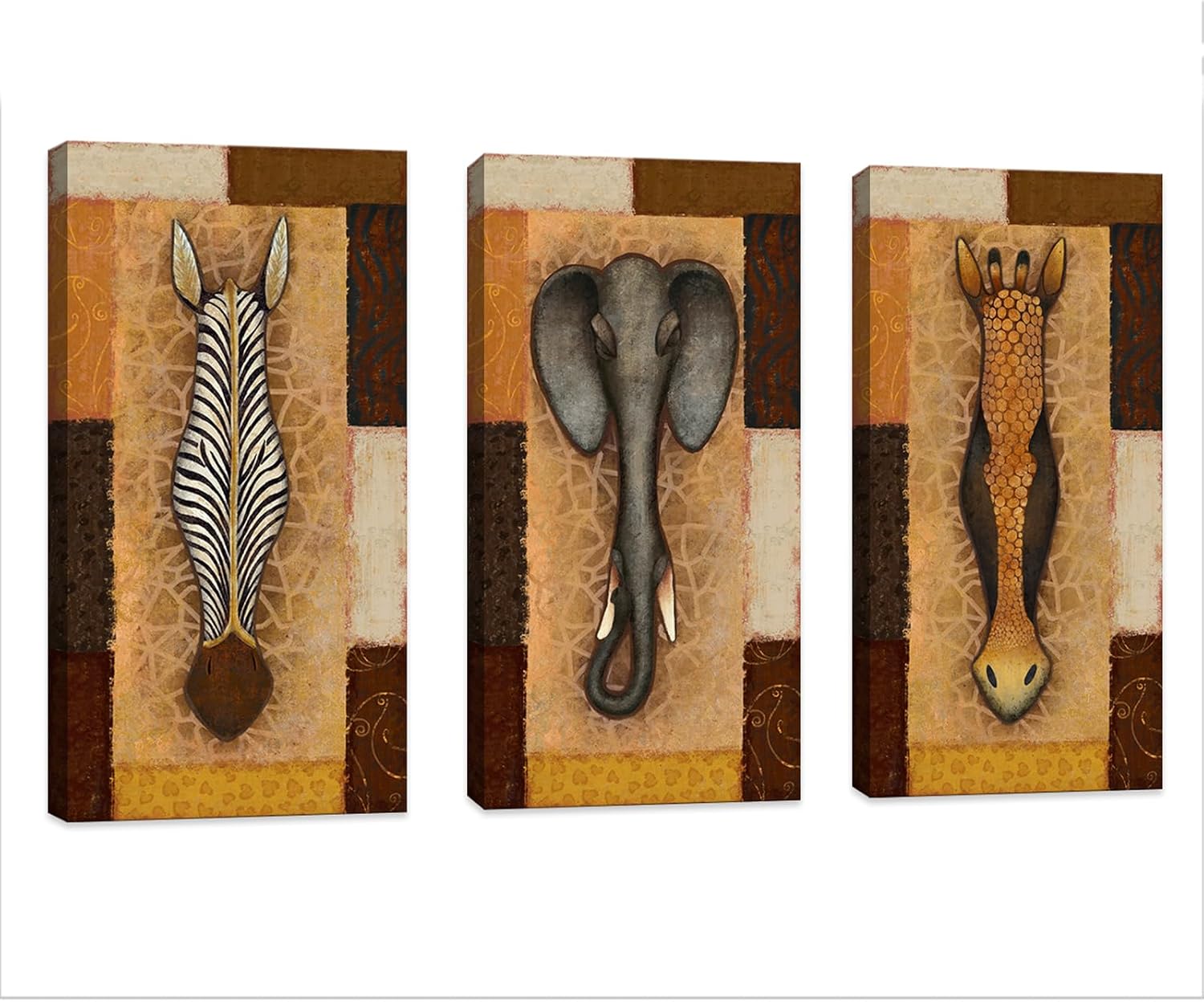 iHAPPYWALL 3 Pieces Vintage Giraffe Zebra Elephant Canvas Wall Art African Animal Landscape Picture Artwork for Rustic Bedroom Home Decor Ready to Hang 12x24inchx3pcs