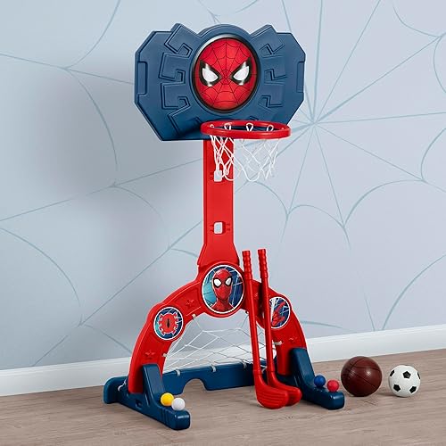 Miniatura 8 de Delta Children - Centro deportivo Marvel Spider-Man 4 en 1 - Aro de baloncesto ajustable de fácil puntuación, red de fútbolhockey y juego de golf,