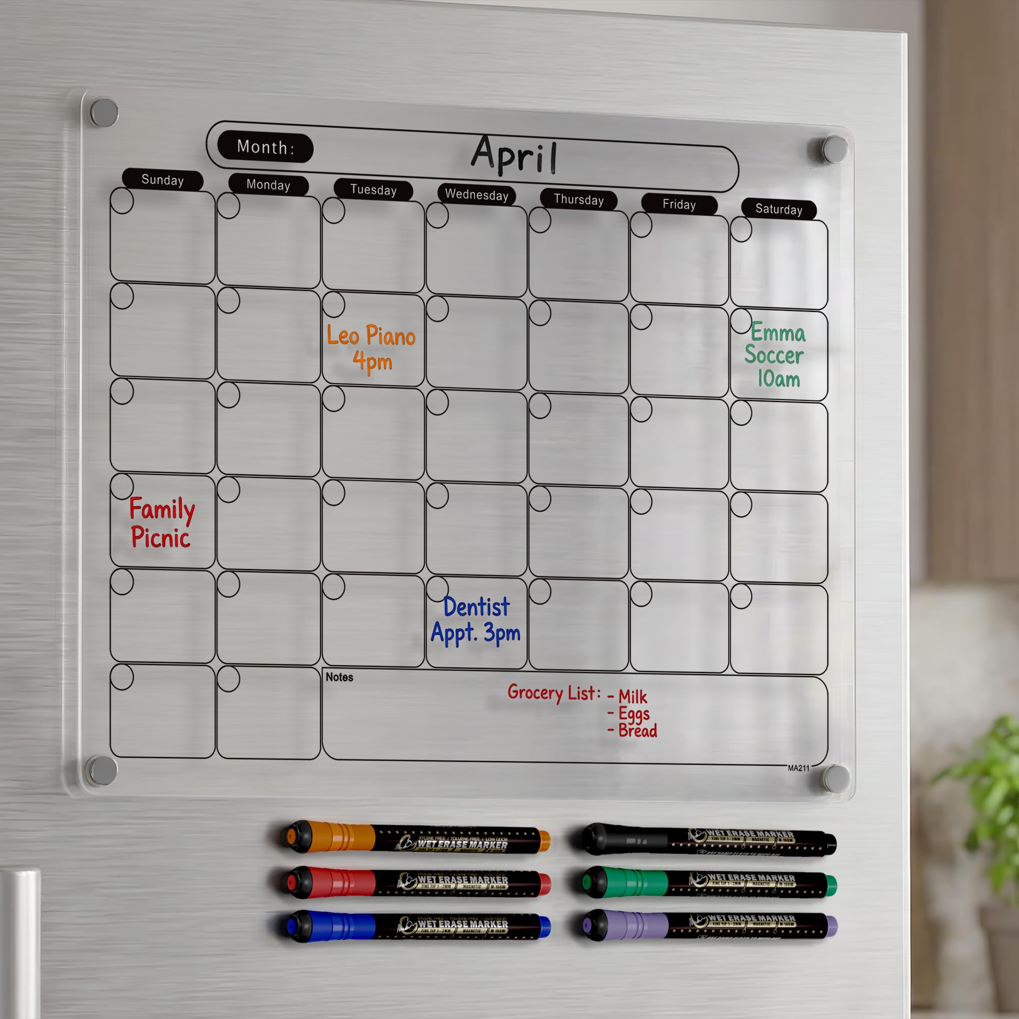 Calendrier magnétique effaçable à sec en acrylique pour réfrigérateur - Tableau blanc mensuel transparent - Tableau de planification effaçable - Noir - 40,6 x 30,5 cm - Avec 6 marqueurs effaçables à
