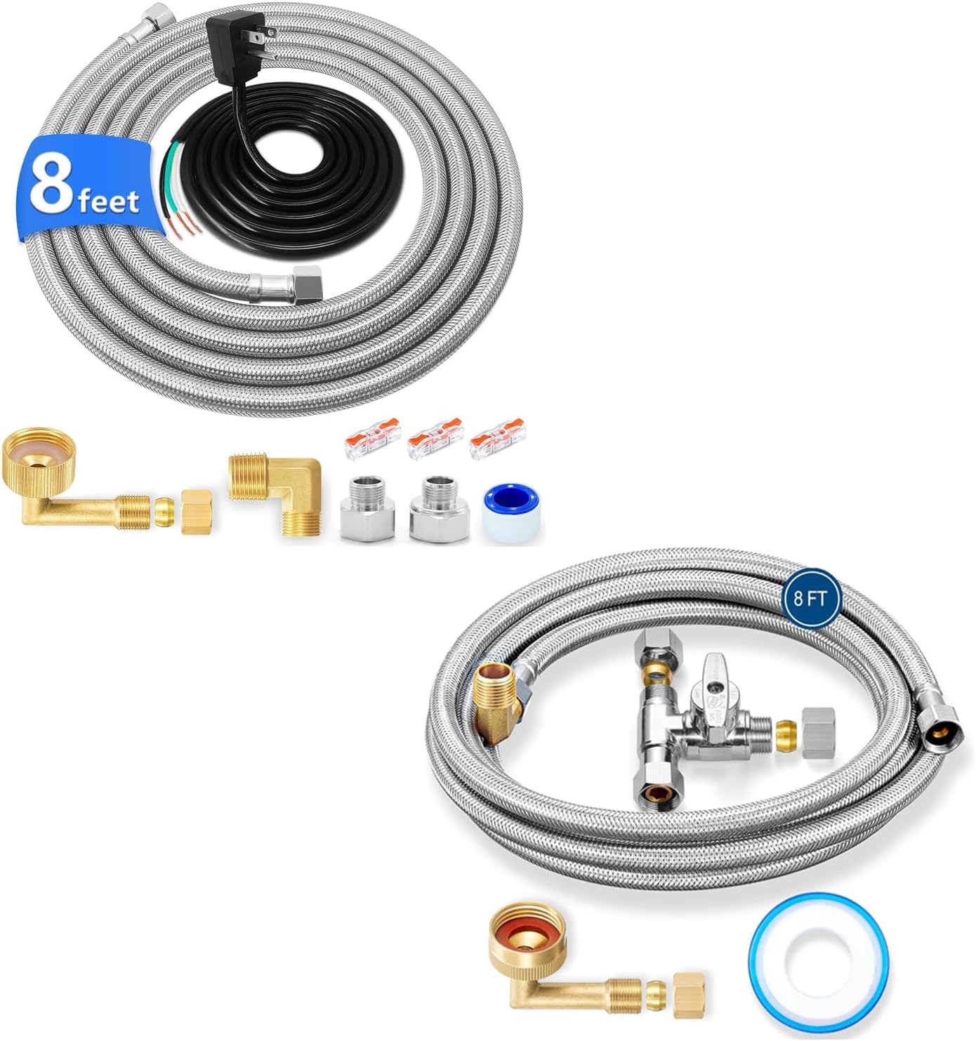 8 FT Stainless Steel Dishwasher Hose with 3/8" Compression Connections(2pcs),Food Grade PEX Inner Tube Dishwasher Water Supply Line with Elbows(2pcs) and Adapters,6 FT Power Cord,Tee Stop Valve