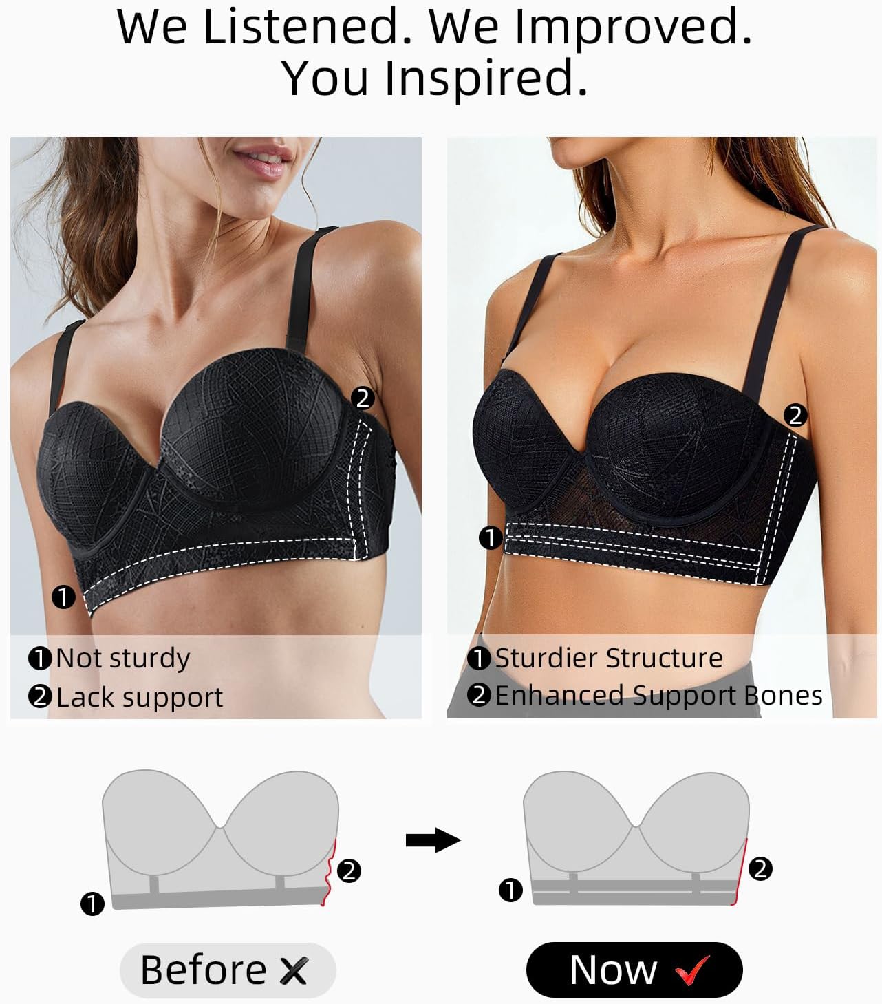 Padded Push Up Bras for Women Underwire Lace Longline Bra Corset Top with Convertible Straps Black 38B - Image 2