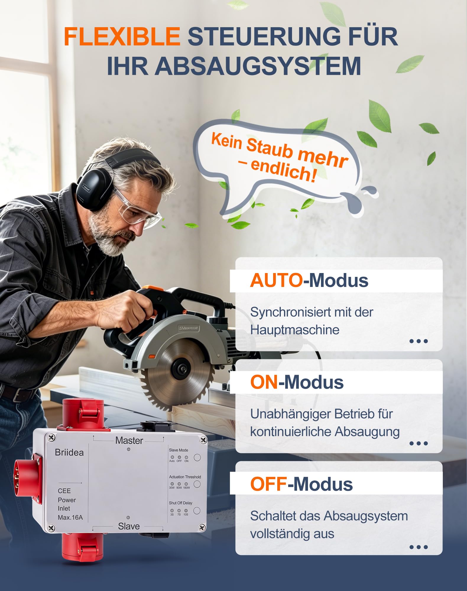 Einschaltautomatik 3Ph 400V & 230V, Mit 230V Schuko & CEE 16A 400V Anschluss, Auto/OFF/ON Modus, Einstellbare Verzögerung, Für Absaugung, CNC, Säge, Fräse & Holzwerkstatt, Automatische Gerätekopplung