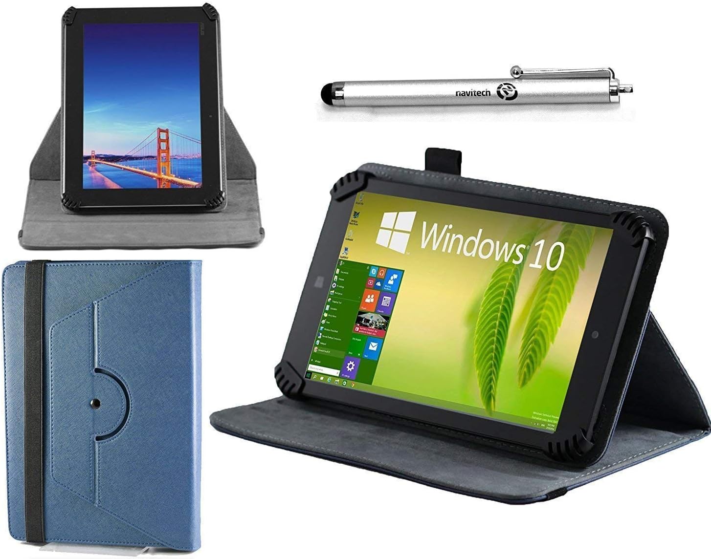 Navitech Blue Leather Case Cover with 360 Rotational Stand & Atlas Stylus Compatible with Wallmart Onn 8" Android Tablet