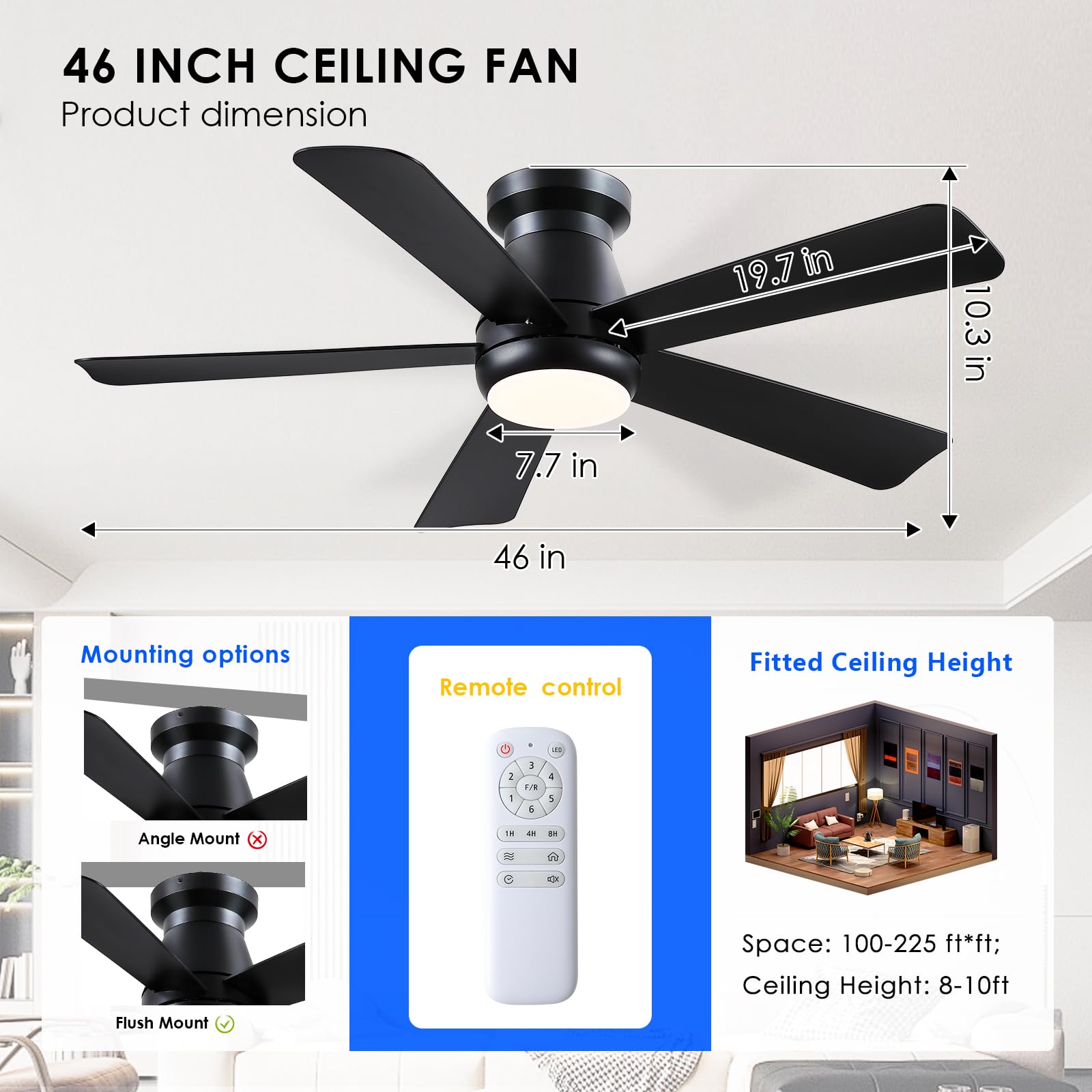 Kviflon 117 cm Ventilateur de Plafond Silencieux avec Éclairage LED, Moteur DC Basse Consommation à 6 Vitesses, Montage Affleurant (Flush Mount), 5 Pales ABS, Télécommande, Réversible Été/Hiver, Noir