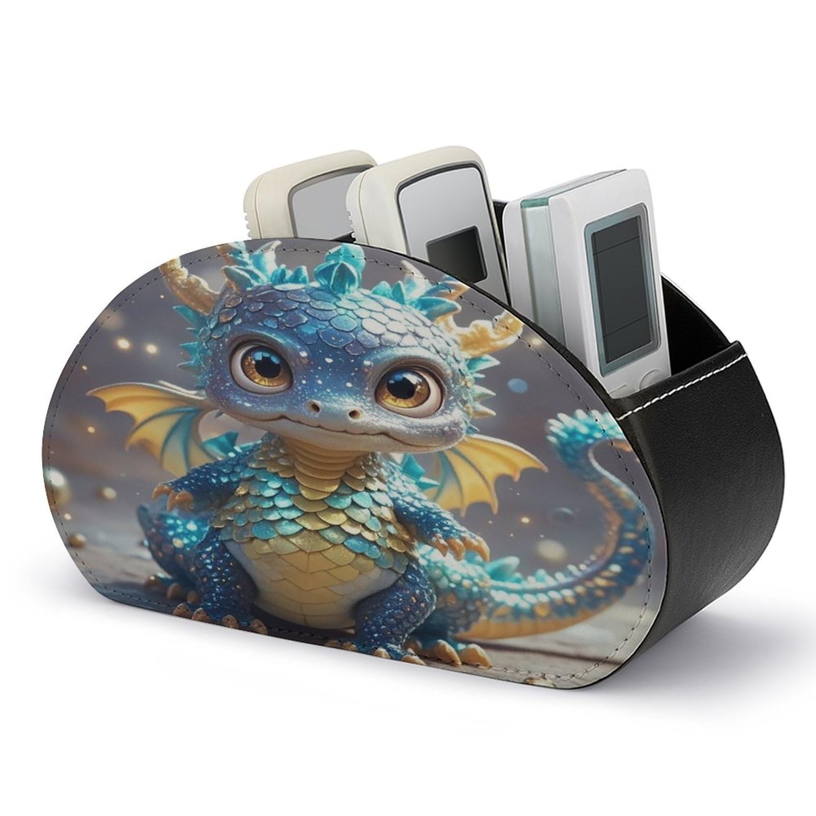 VstaDank Cute Dragon Remote Control Holder with 5 Compartments PU Leather TV Remoter Caddy Desktop Organizer TV Remote Holder Remote Box for Media Controllers Office Supplies