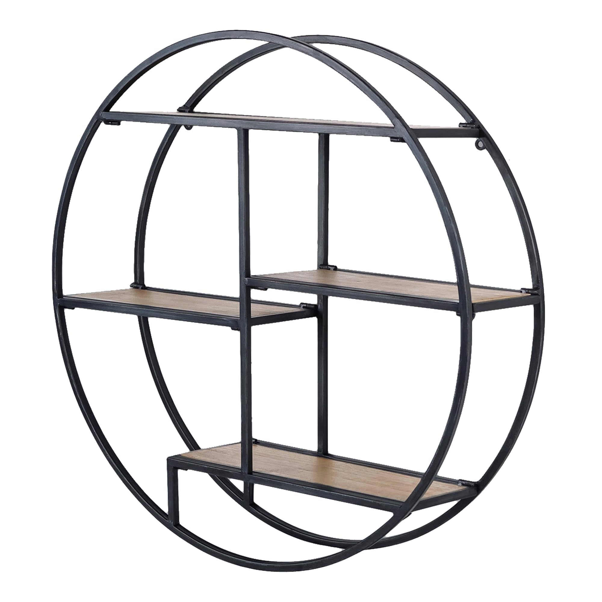 Industrial Style Round Wall Shelves, 3 Tier Decorative Floating Ledge Shelves, Wall Mounted Metal Bracket Wooden Display Hanging Shelf