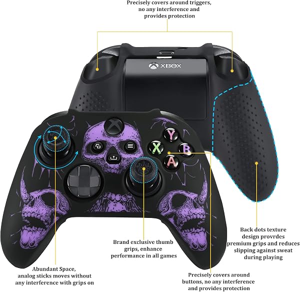 YoRHa Laser Carving Silicone Skin for Xbox Series X/S Controller x 1(Purpe) with Pro Thumb Grips x 8 - 3