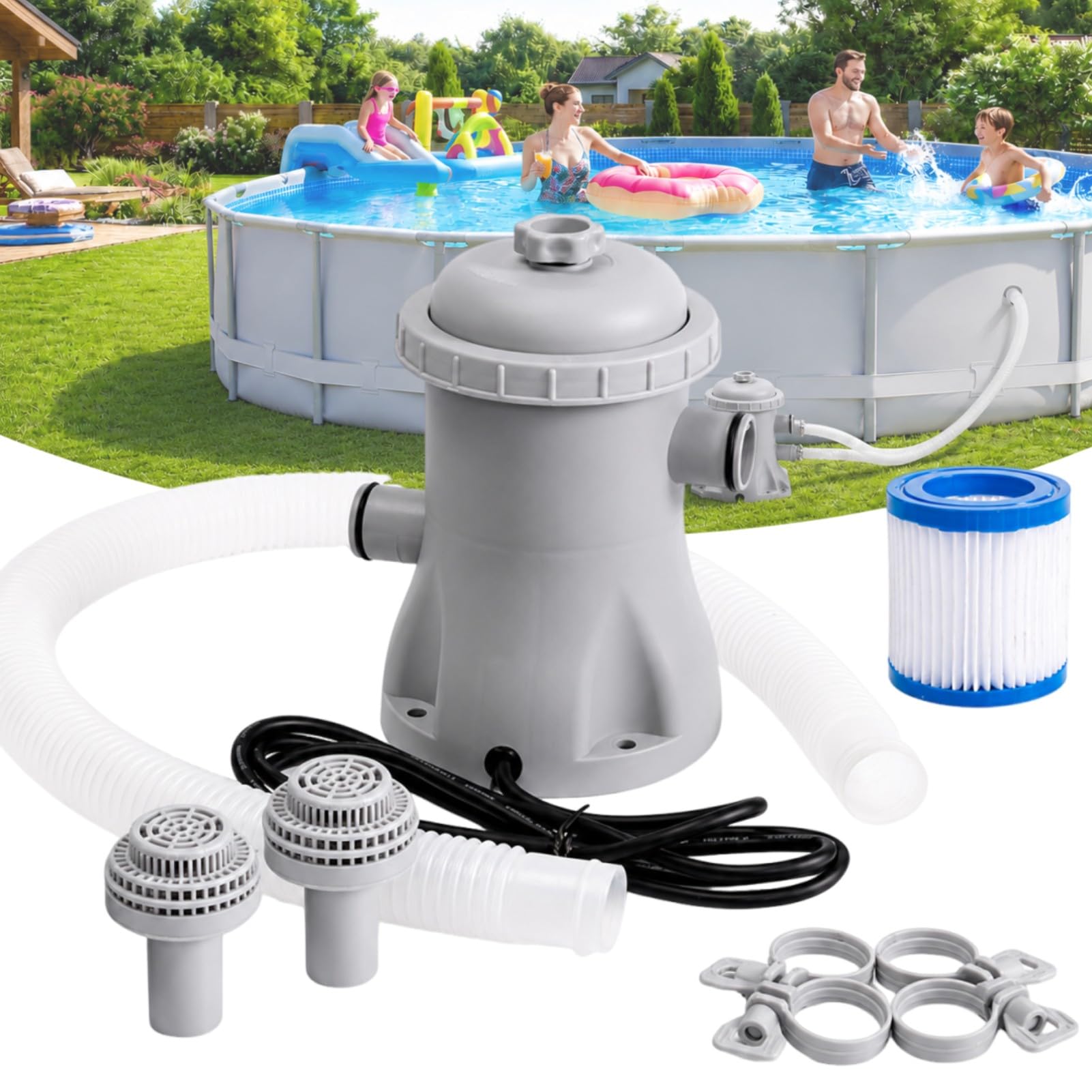 MENDUNER 330 GPH Pool Filter Pump Above Ground, 16W Pool Filter Pump Complete Kit with Hose - Clear Water Circulation, Quiet Sealed ABS Design for Small to Medium Pools