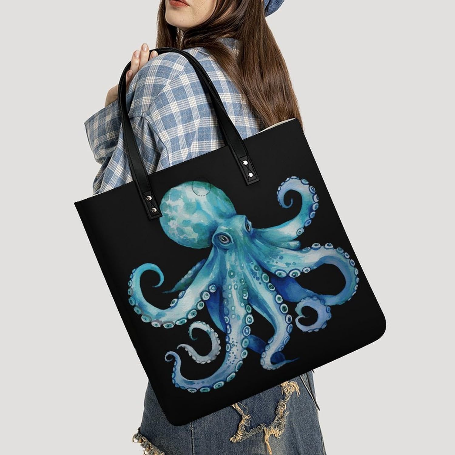 Blue Watercolor Octopus Handbags Large Capacity, Tote Bag Stylish Slouchy, Shoulder Bags for Work Beach Travel And Shopping Grocery.
