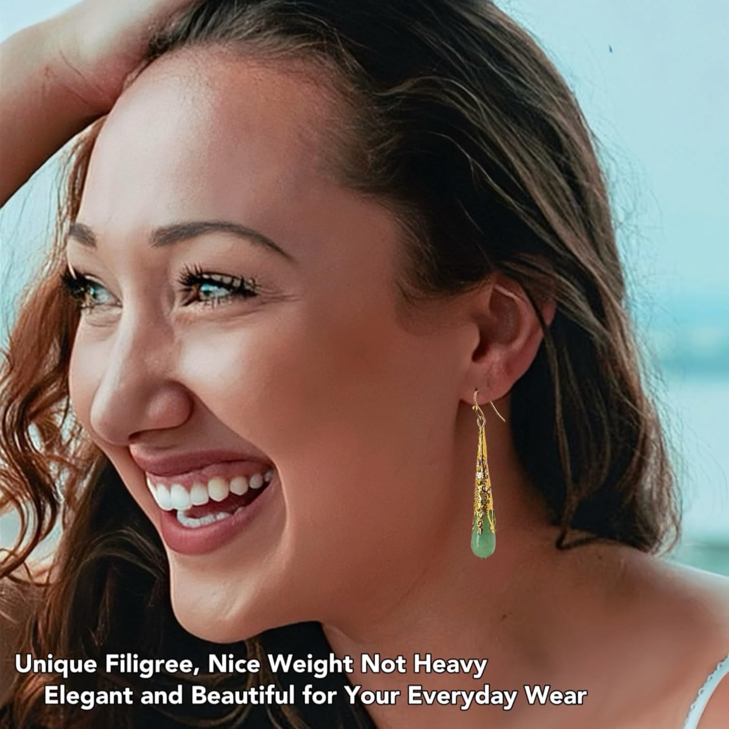 Natural Jade Long Teardrop Statement Earrings, Genuine Green Jade Dangle Earrings in Gold/Silver Plated, Birthstone Jewelry, Gifts for Mom Women Girls - Image 4