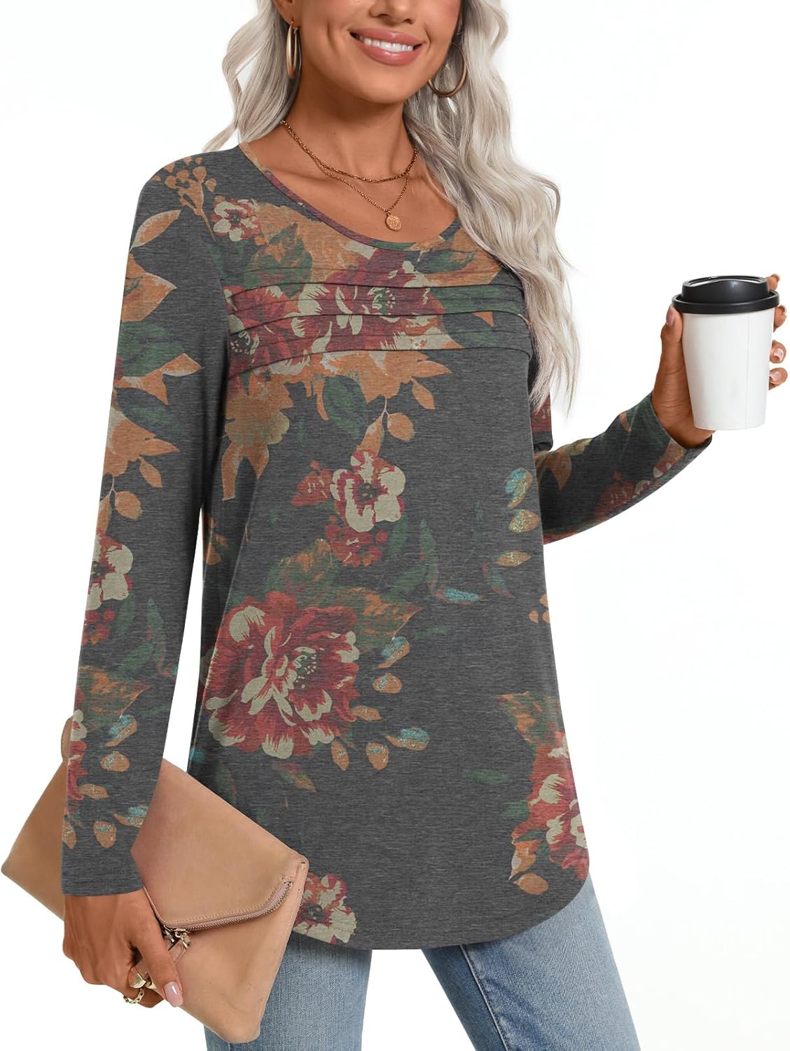 Anyhold Womens Fall Long Sleeve Tunics Tops Dressy Casual Pleated Blouses Trendy Crew Neck Shirts - Image 2