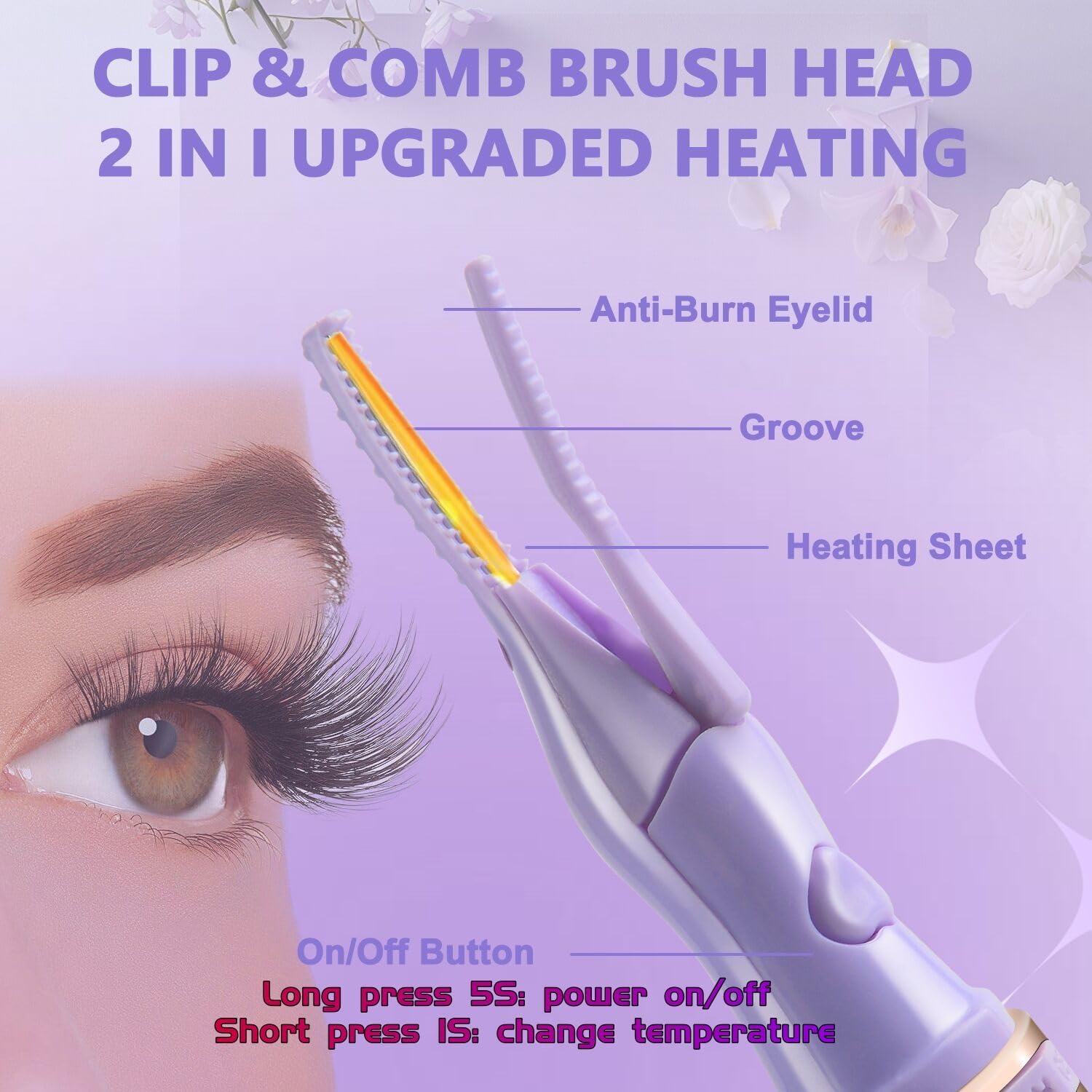Heated Eyelash Curler - 2 in 1 Clip-Type Eyelash Curler - Heated Lash Curler - Electric Eyelash Curler Rechargeable for 24H Long-Lasting Natural Eyelashes, 3 Heating Modes, 8S Fast Heating, Purple