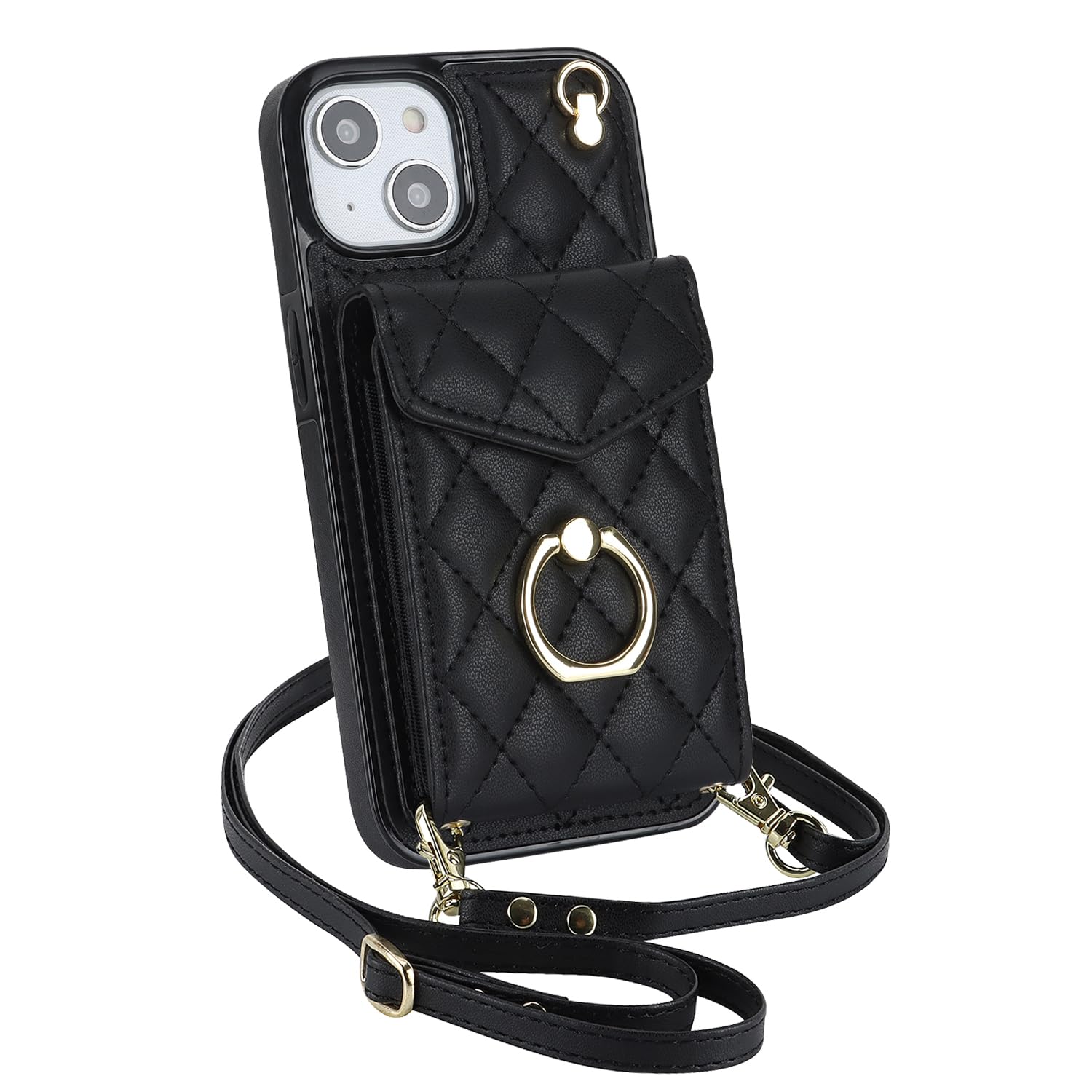 XIMAND for iPhone 14 Wallet Case with Ring,High-end Stylish Luxury Leather Accordion Card Holder,Anti-Drop Lanyard,Multi-Functional Ring Stand,
