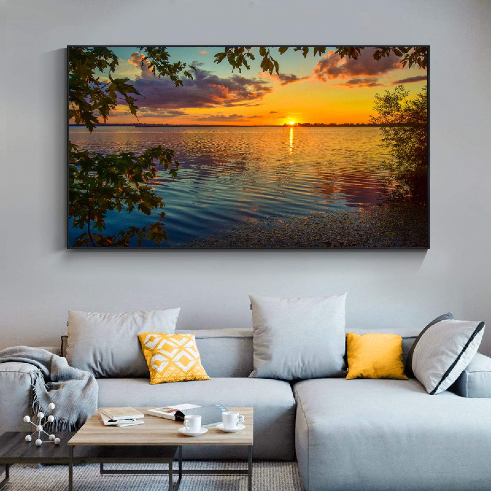 Cuadro de arte de pared, pintura de paisaje natural, puesta de sol, lago, árbol, lienzo, pintura, carteles e impresiones para la decoración de la sala de estar, 80x160cm (32''x63 '') Marco interior