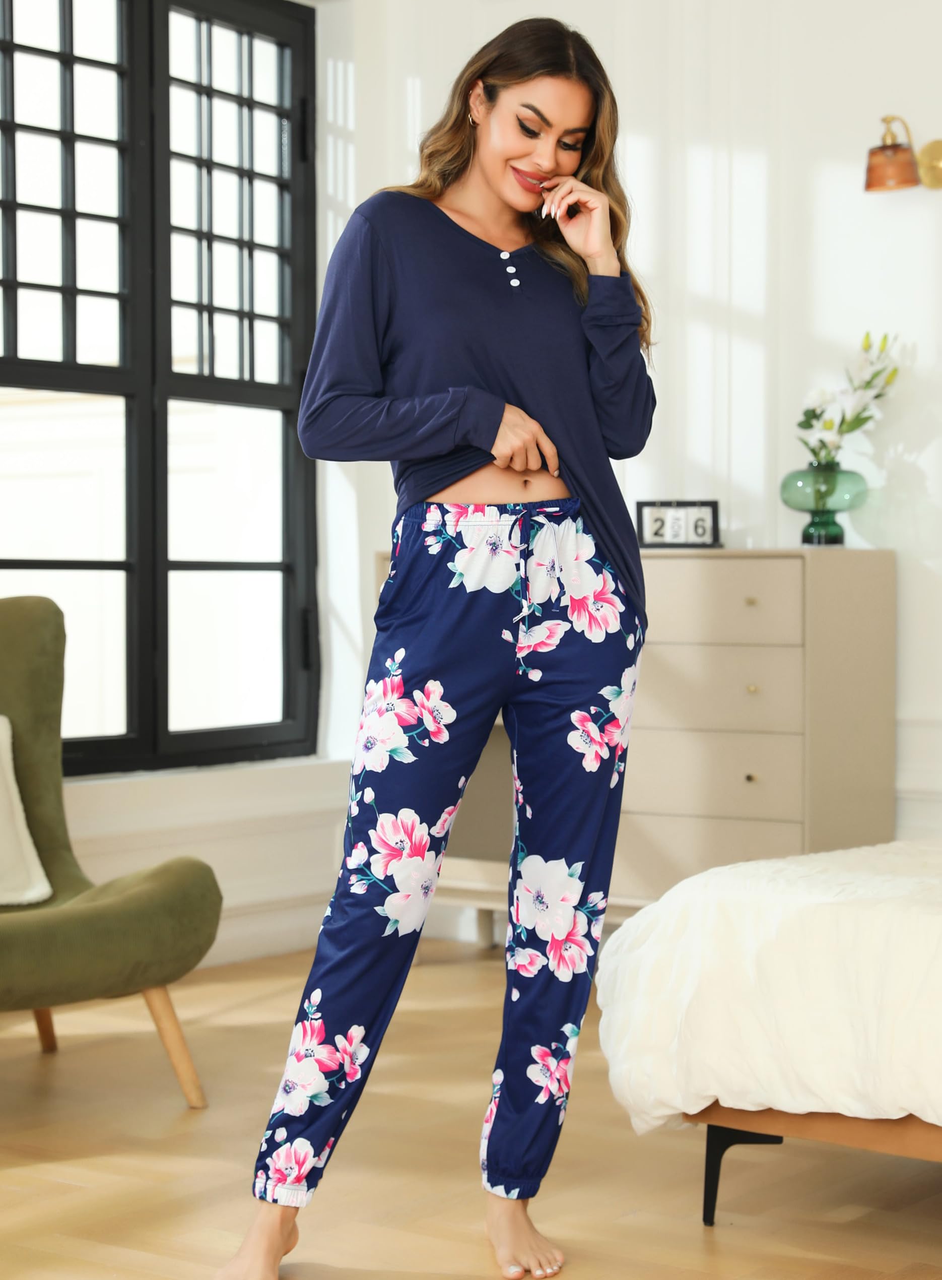 Lovasy Pigiama Donna Manica Lunga Pantaloni Lunghi Casual Scollo a V Top con Motivo a Pois Carino con Tasca Due Pezzi