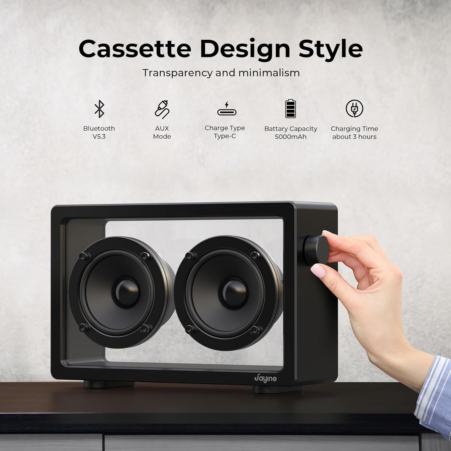 Cassette Portable Bluetooth Speaker, 16W Minimalist Speakers Bluetooth Wireless Loud, HD Powerful Sound and Wide Compatibility V5.3 for Indoor Outdoor - Black - Image 4