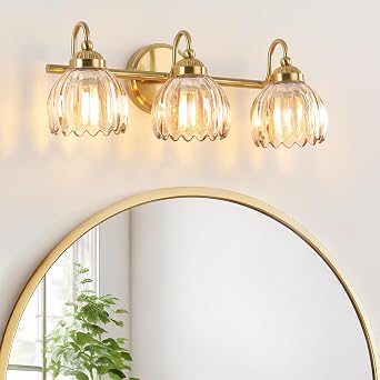 Vintage Bathroom Light Fixtures, Brass Vanity Lights with Amber Tulip Glass Shade, Vanity Sconces for Bathroom Bedroom Living Room Hallway, 3-Light