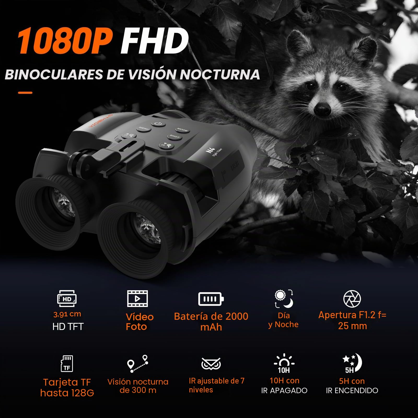 Gafas de visión nocturna montadas en la cabeza, prismáticos de visión nocturna manos libres, visión infrarroja digital recargable, captura de fotos y videos para airsoft, caza, con tarjeta TF de 32 GB