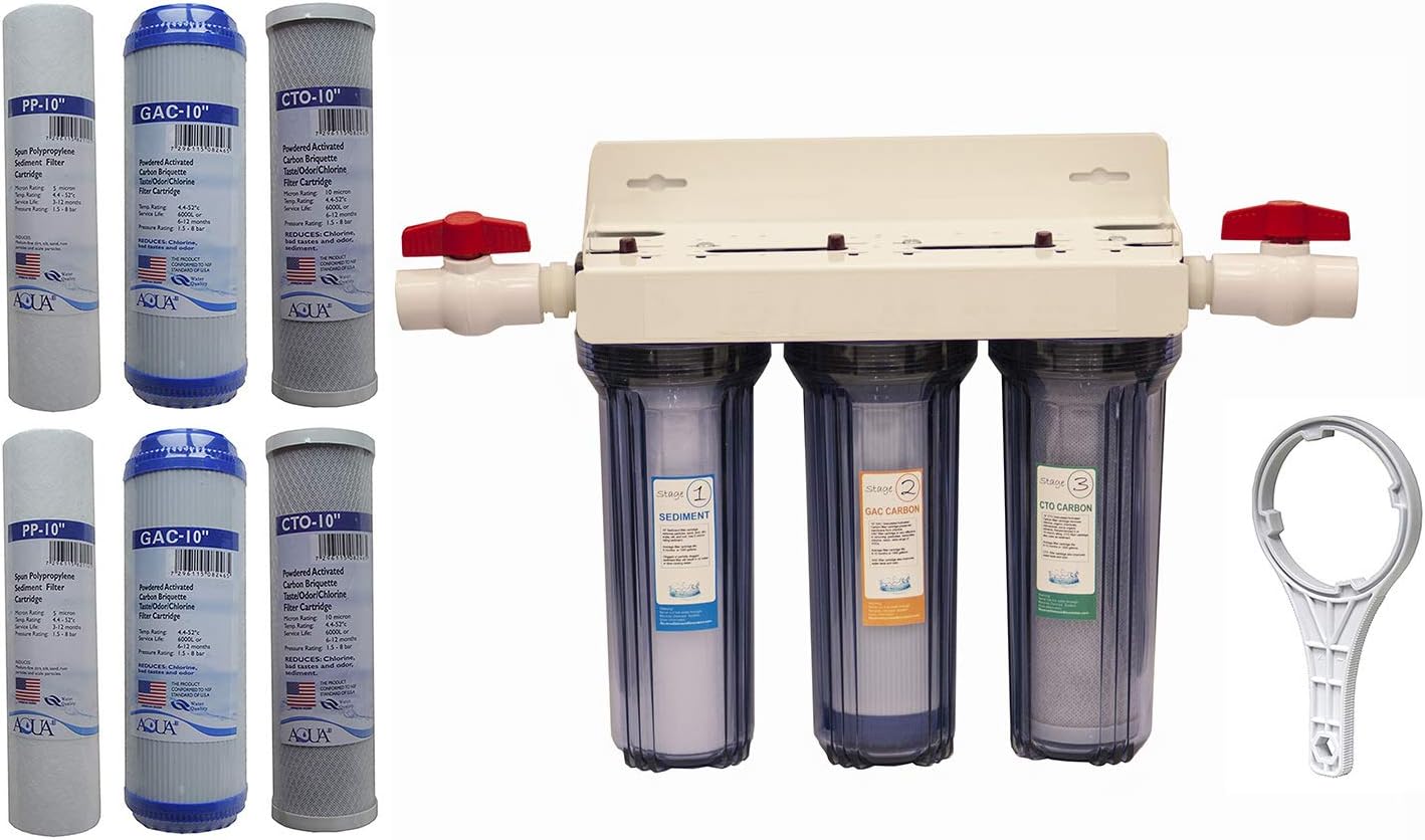 Whole House 3-Stage Water Filtration System, 3/4" port with 2 valves and extra 1 year filter supply (2 sets, 6 pcs)