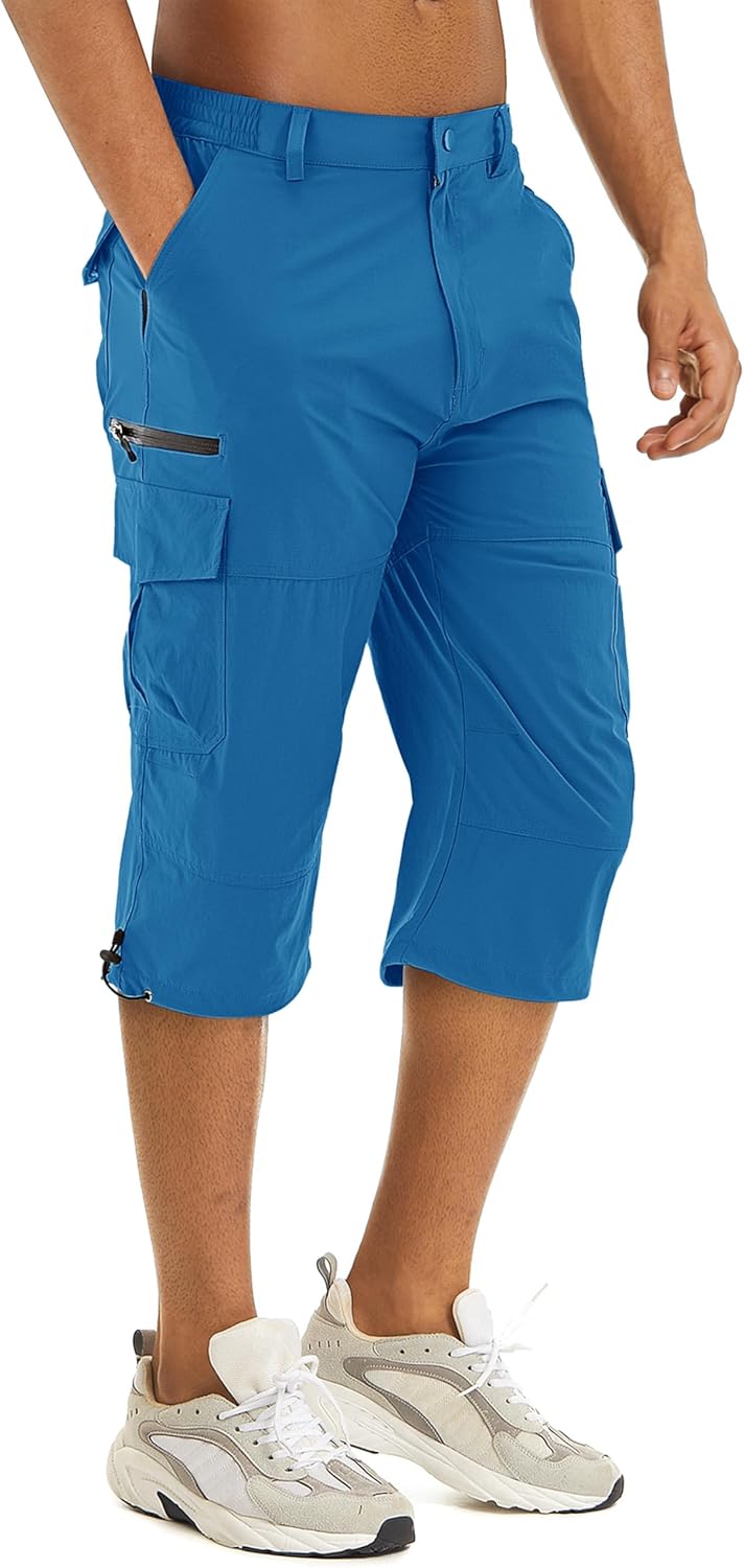TACVASEN Men’s Capri Pants 7 Pockets 3/4 Quick Dry Water Resistant Workout Hiking Summer Long Cargo Shorts Below Knee