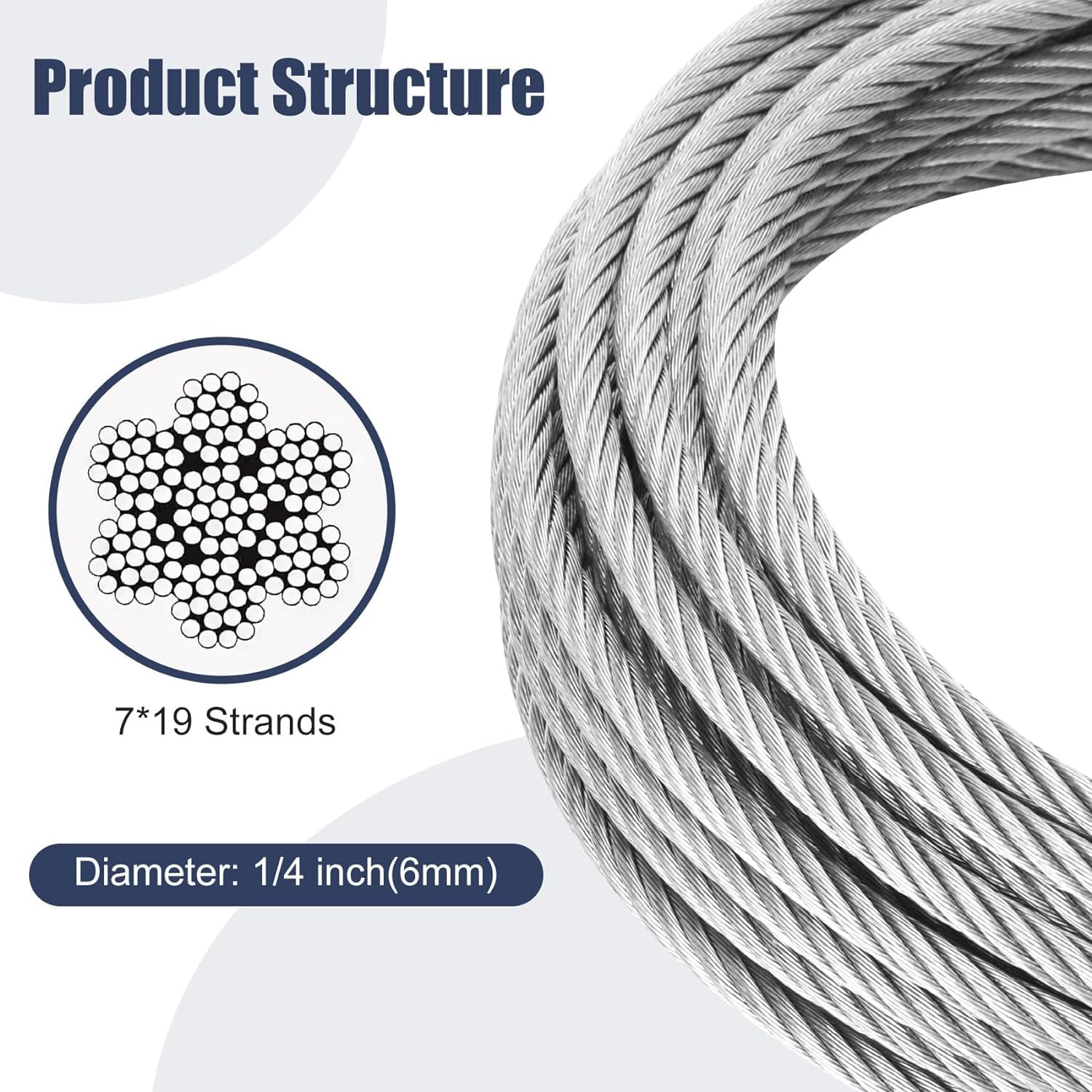 30M Ø6mm Cable Acier Inoxydable kit, 7X19 Noyaux de Toron Cable Métallique, 2900kg de résistance à la rupture, pour garde-corps de pont, plantes grimpantes