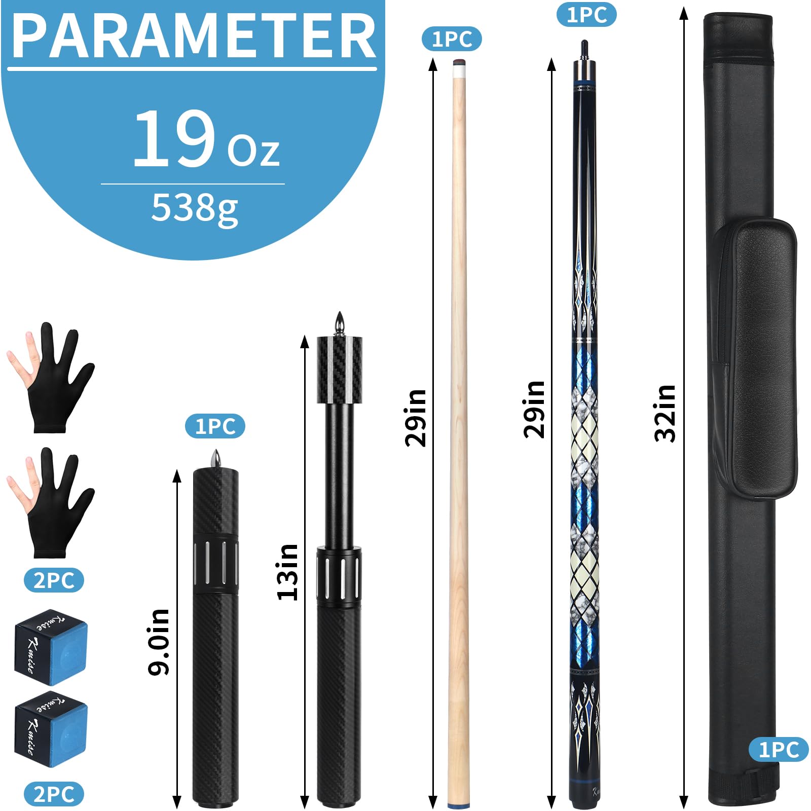 Kmise Professioneller Pool-Queue-Stick – 19 20 21 oz Queue-Sticks aus kanadischem Ahorn, Schaft mit geringer Durchbiegung und teleskopischer Verlängerung aus Kohlefaser, Pool-Sticks für Erwachsene