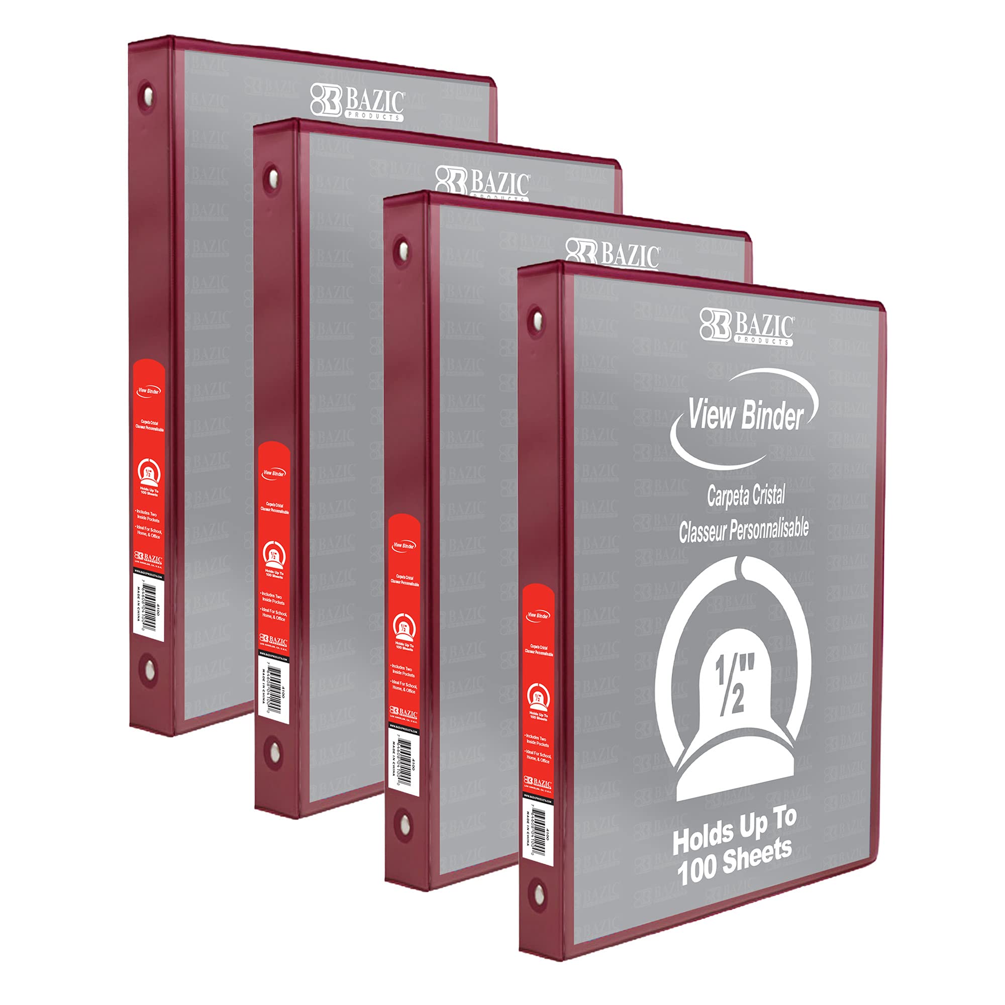 BAZIC Products 1/2 in Burgundy 3-Ring View Binder, Round Ring, 4-Pack