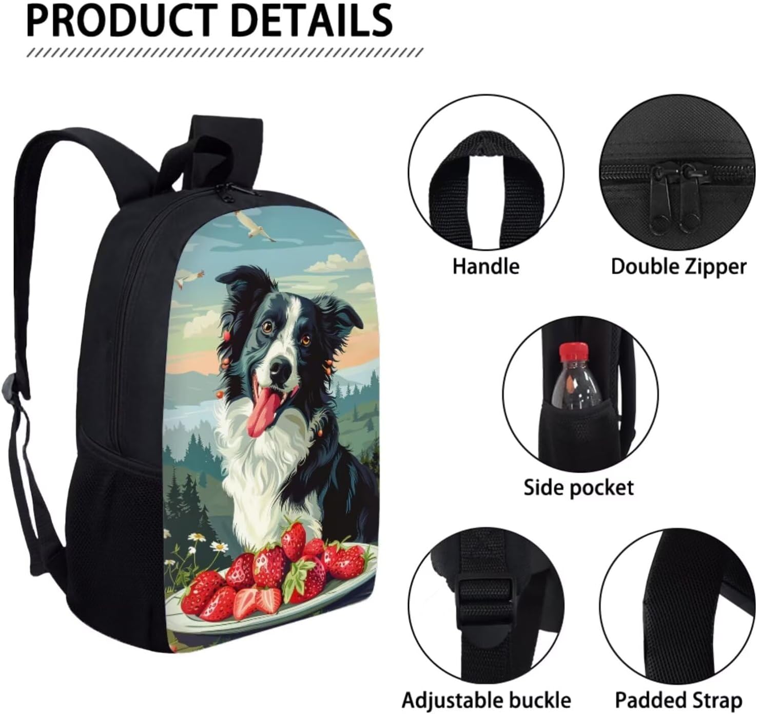 Modysero Novelty Graphic Backpack Set for School Border Collie Bookbag for Kids 17 Inch Student Backpack And Lunch Bag Set Pen Case Bundle 3 Piece