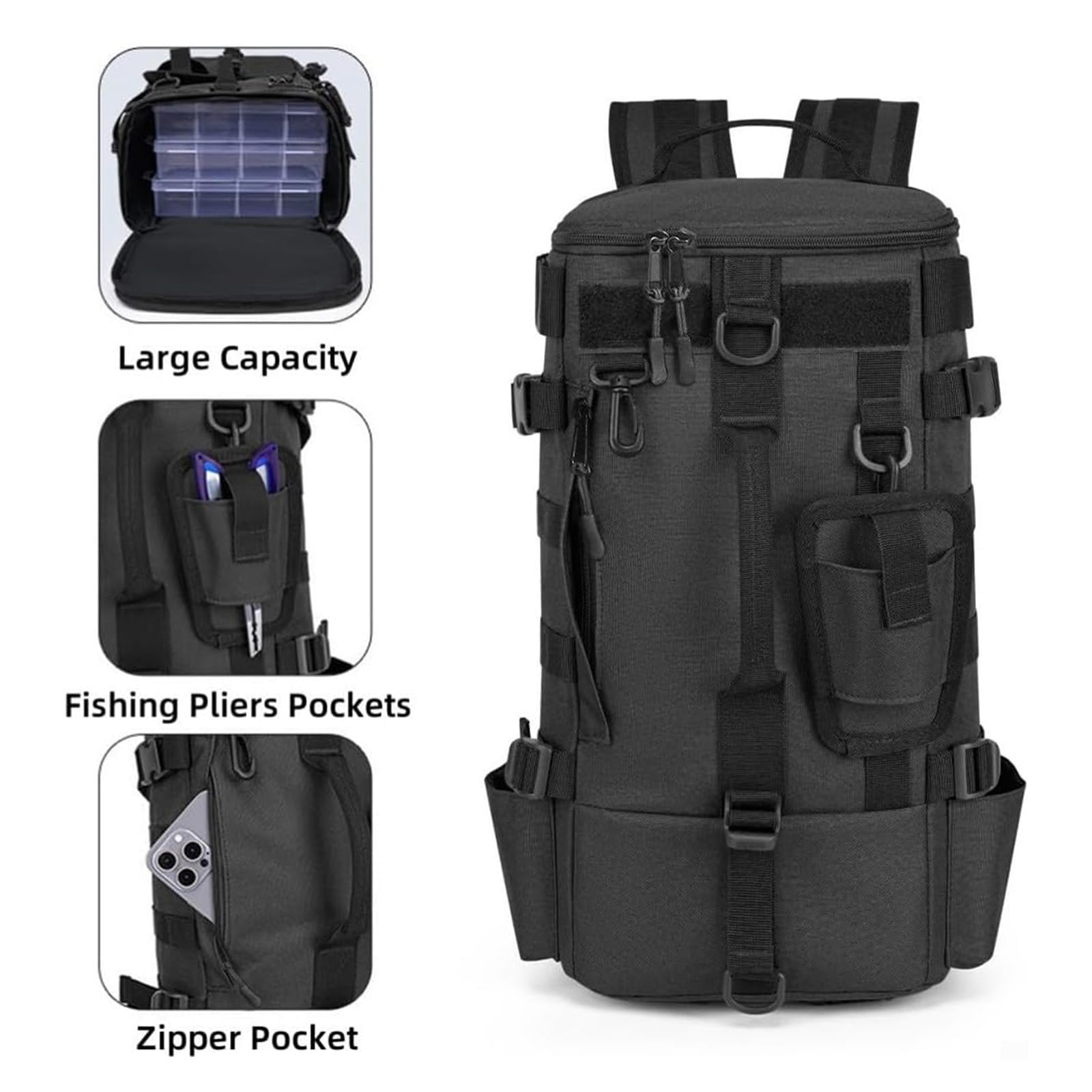 Großer Angelrucksack mit Rutenhalter, Oxford wasserdicht, große Kapazität, Wanderrucksack, Reiserucksack, geeignet für Angeln, Picknicks und Wandern, CP, PVC-Angeltasche für weiche Köder