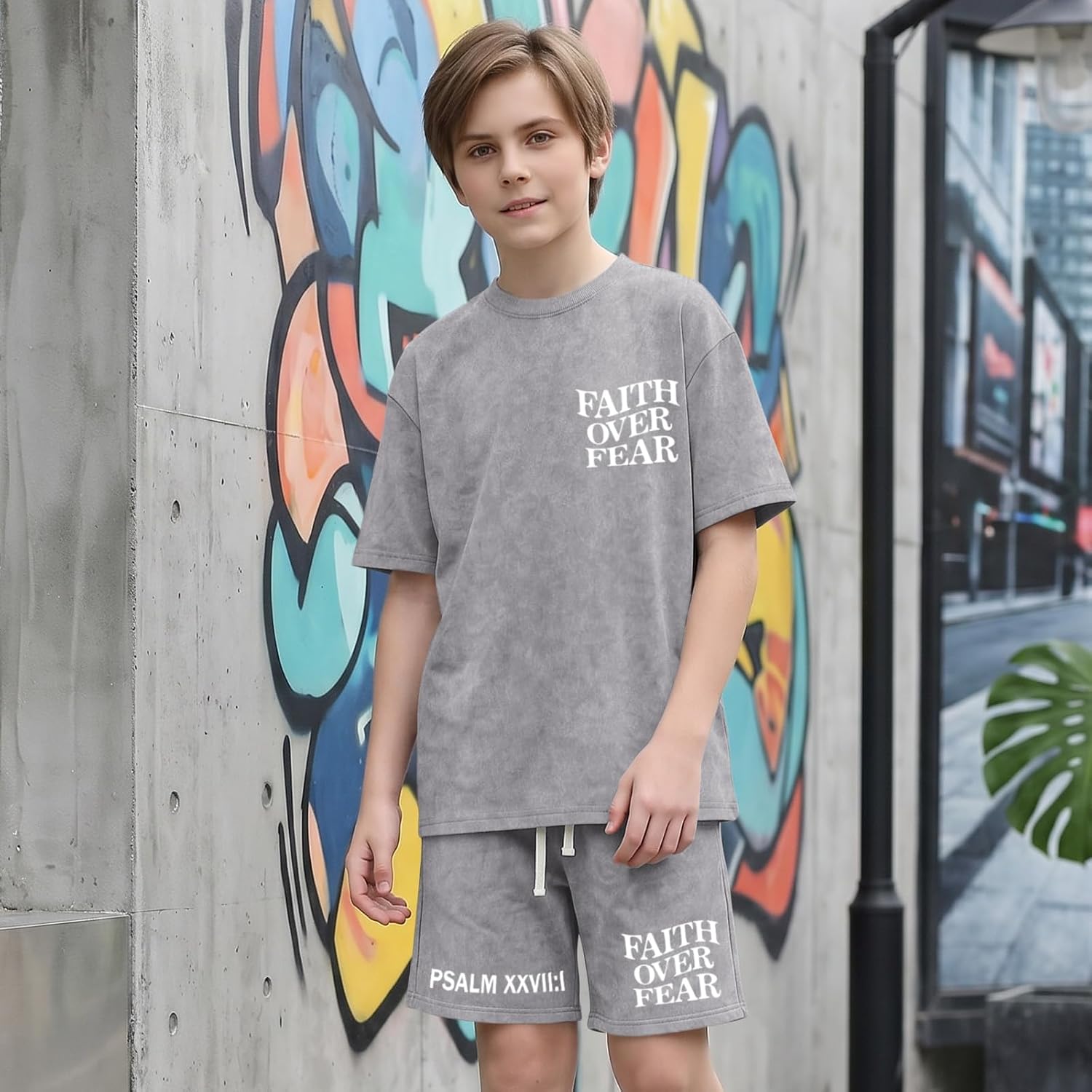 Boy's Christian Shirt and Shorts Set Oversized Cotton Faith Over Fear T Shirt Washed Religious Bible 2 Piece Outfit