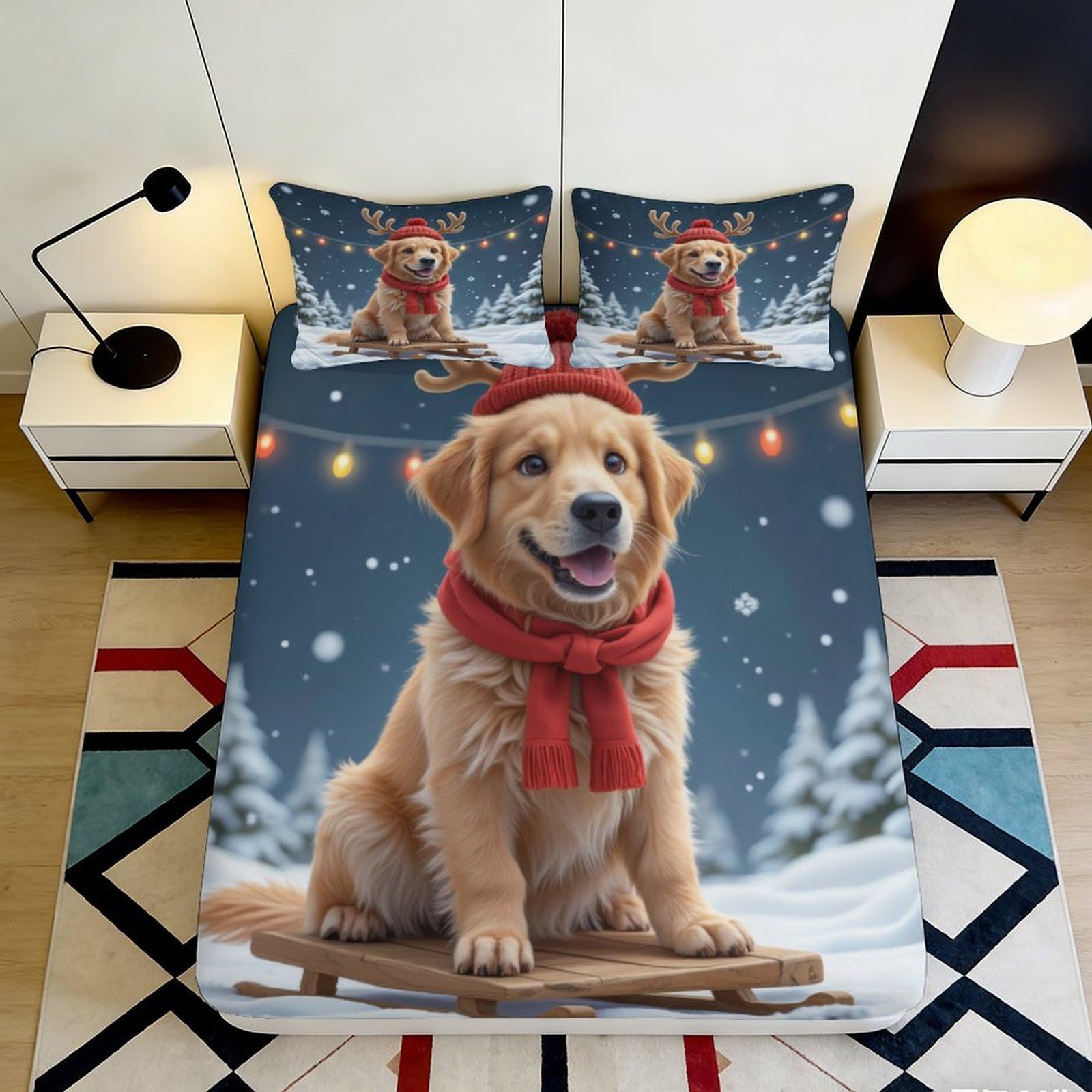 3D Printed Golden Retriever Dog Fitted Sheet Microfiber Christmas Snow Bed Sheet for Bedroom Dorm Mattress Protection 90x200x25cm