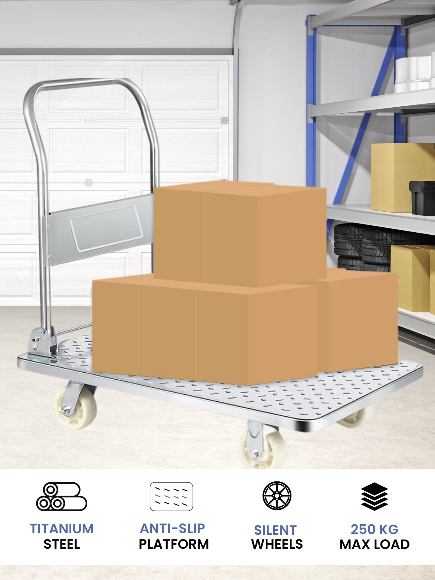 Carrello a piattaforma con ruote. Carriola pieghevole con carico di 400 kg. Carrello con piattaforma manuale, trasporto anticollisione per traslochi, magazzino. Acciaio al titanio.