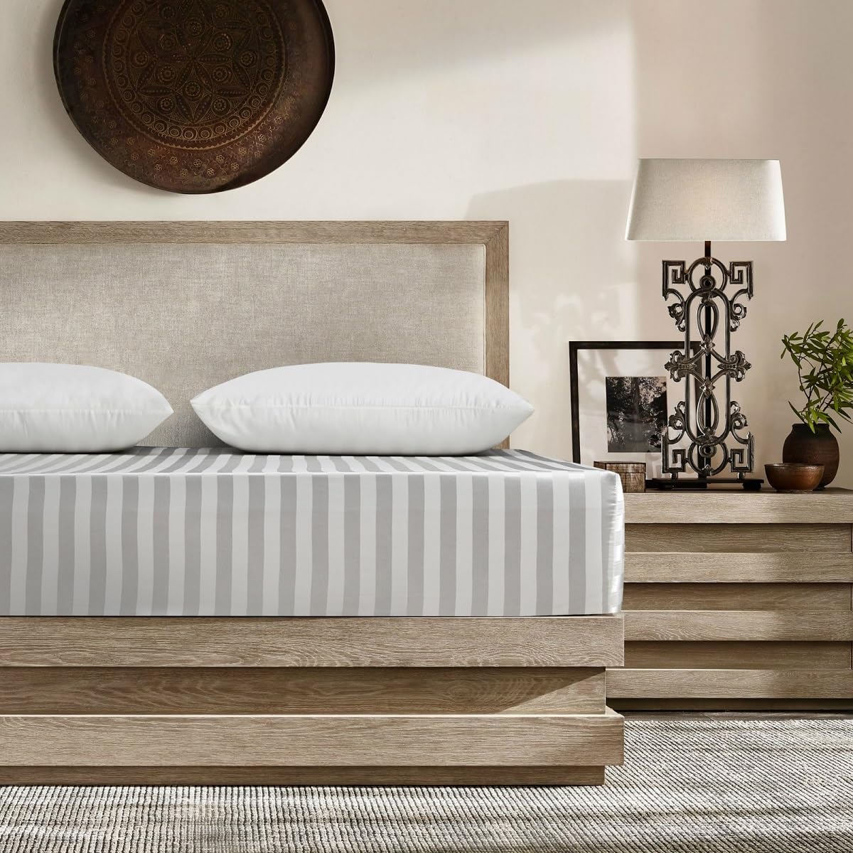 Sábana bajera de satén, 160 x 200 cm, 30 cm, microfibra, color beige y rayas, diseño de sábana de seda, sábana bajera de 160 x 200 cm, lisa, lisa, transpirable, para colchón grueso, 160 x 200 x 30 cm