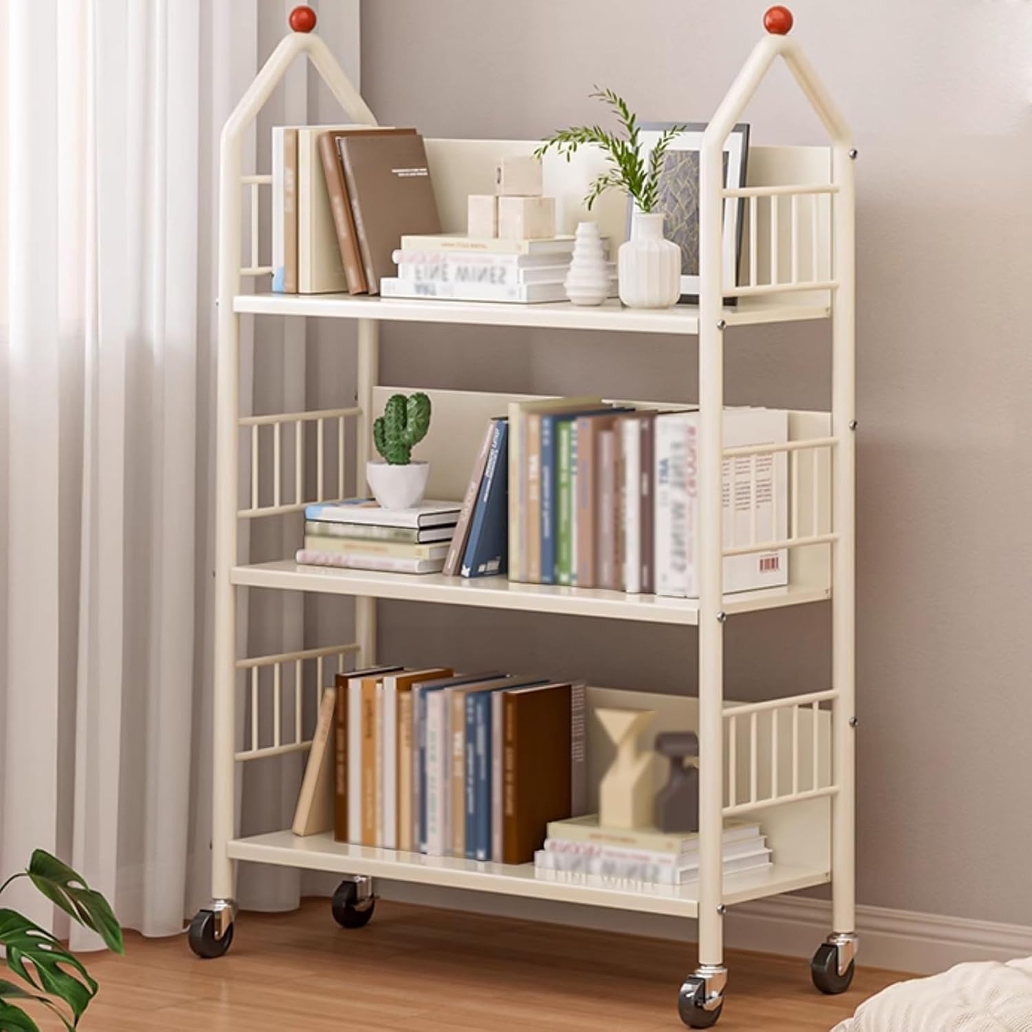 Book Cart, 2 3 Tier Library Cart, Metal Rolling Book Cart with 2 Lockable Wheels for Home Shelves Office School Book Truck(3Tier)